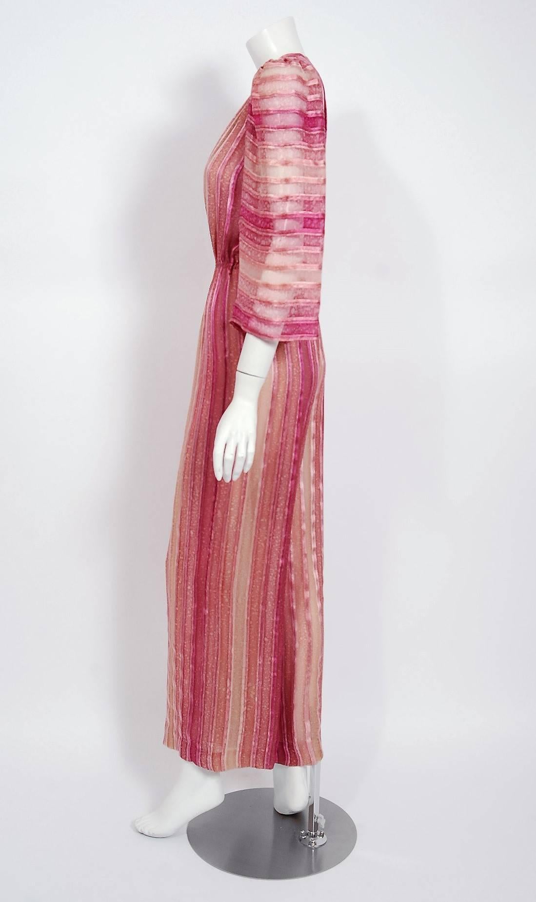 Women's Vintage 1970's Pauline Trigere Rose Pink Striped Ombré Silk Low Plunge Jumpsuit