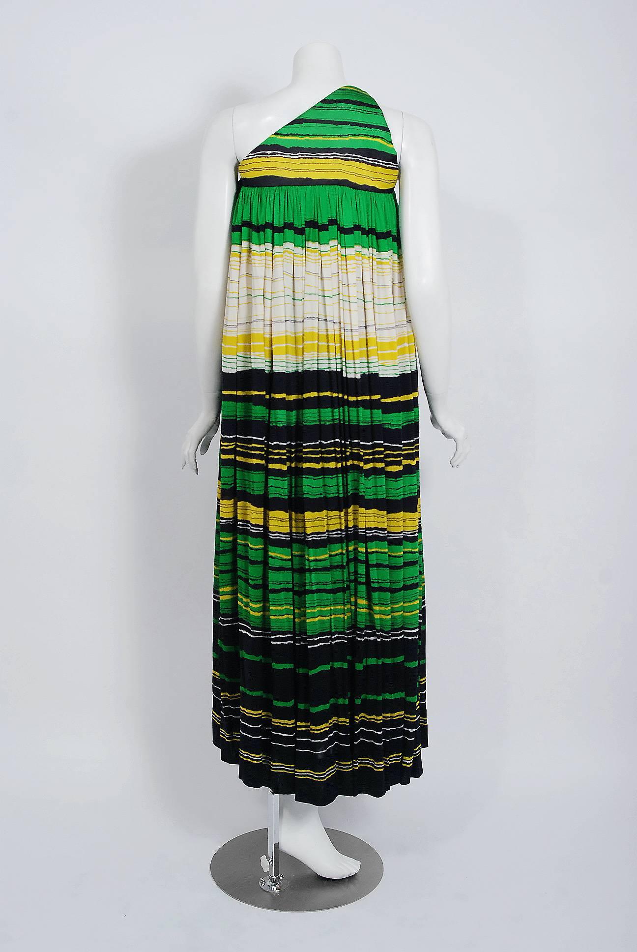 Vintage 1966 Geoffrey Beene Striped Green Yellow Silk Jersey One-Shoulder Dress 1