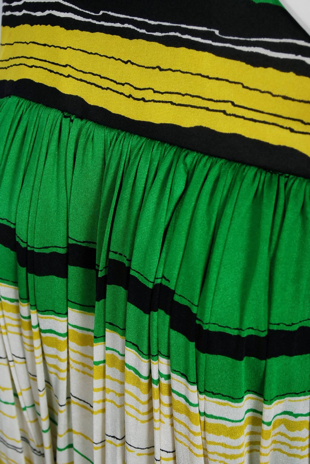Vintage 1966 Geoffrey Beene Striped Green Yellow Silk Jersey One-Shoulder Dress In Good Condition In Beverly Hills, CA