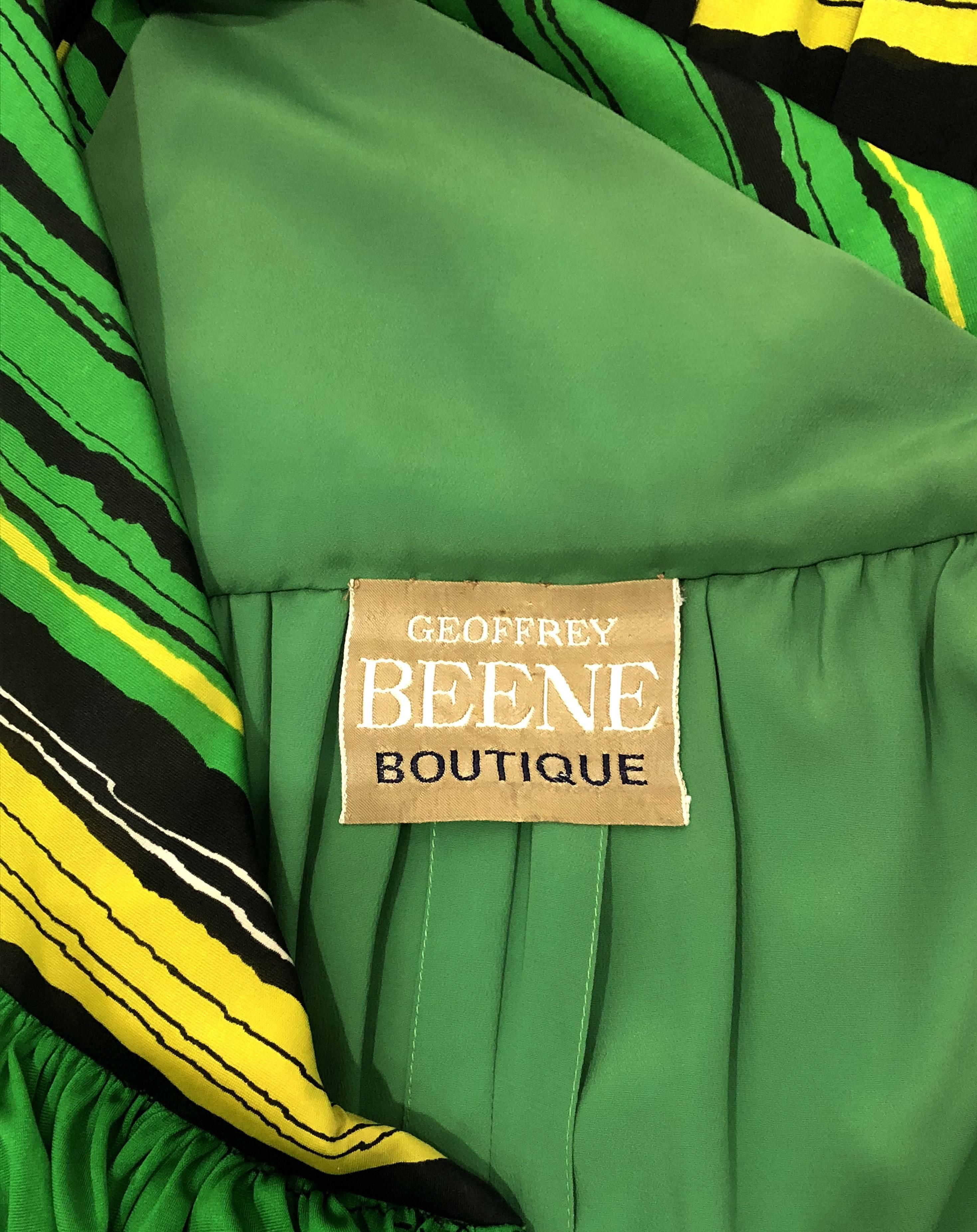 Vintage 1966 Geoffrey Beene Striped Green Yellow Silk Jersey One-Shoulder Dress 2