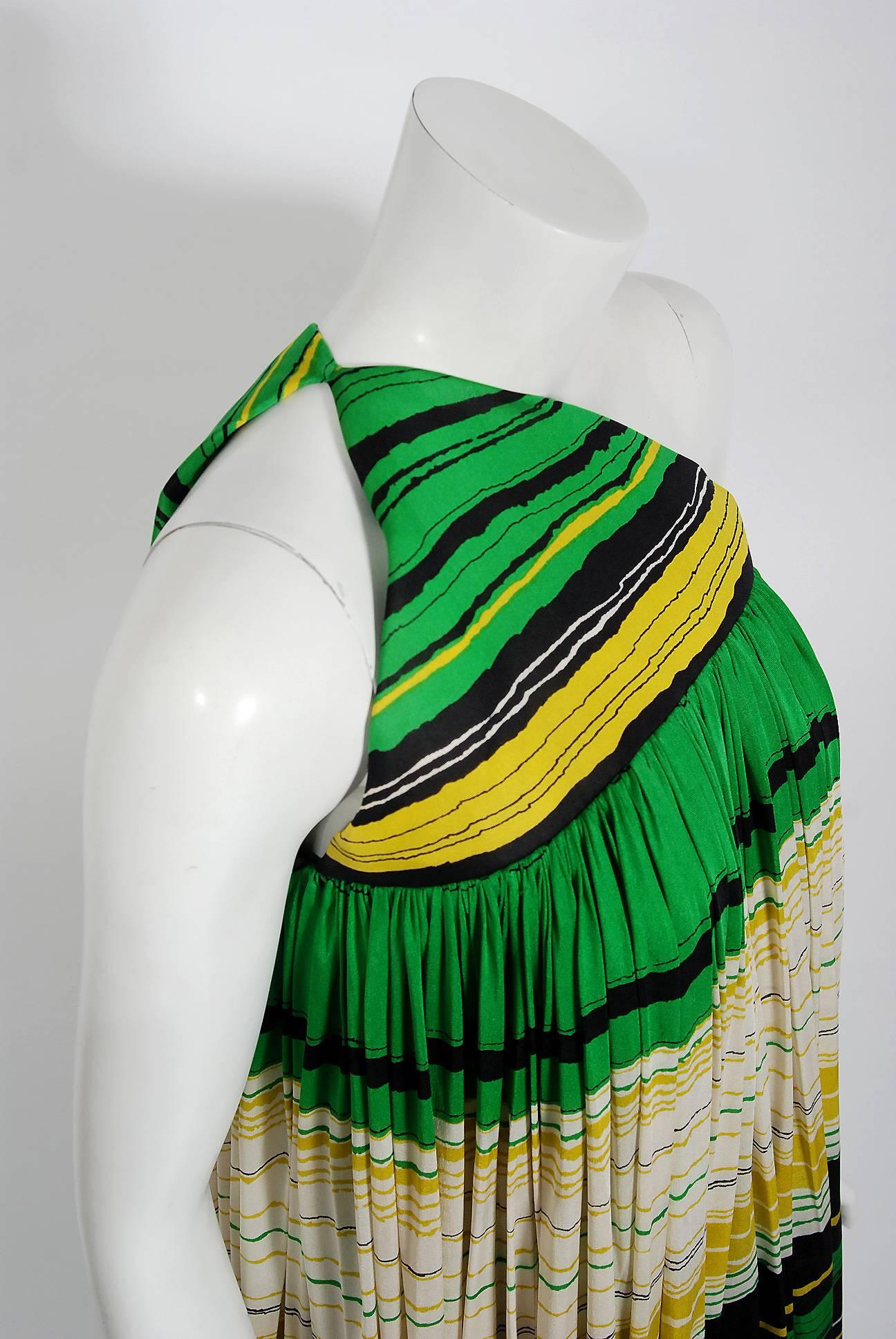 Black Vintage 1966 Geoffrey Beene Striped Green Yellow Silk Jersey One-Shoulder Dress