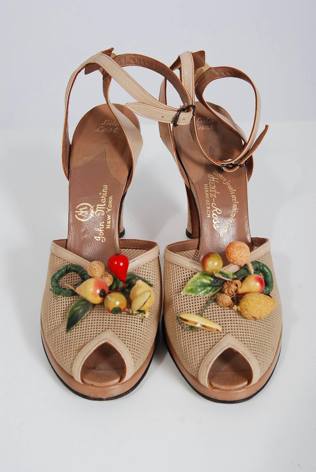 1940's Colorful Fruit Applique Novelty Leather Peep-Toe Heels & Matching Purse 1