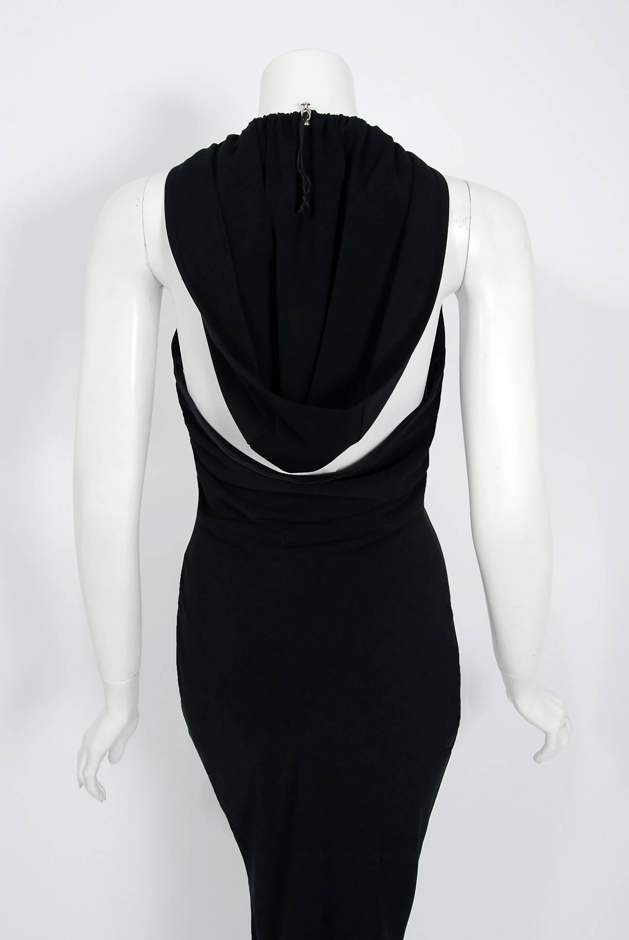 2002 John Galliano Paris Black Silk Cut Out Novelty Hooded Bias-Cut Dress w/Tags 3