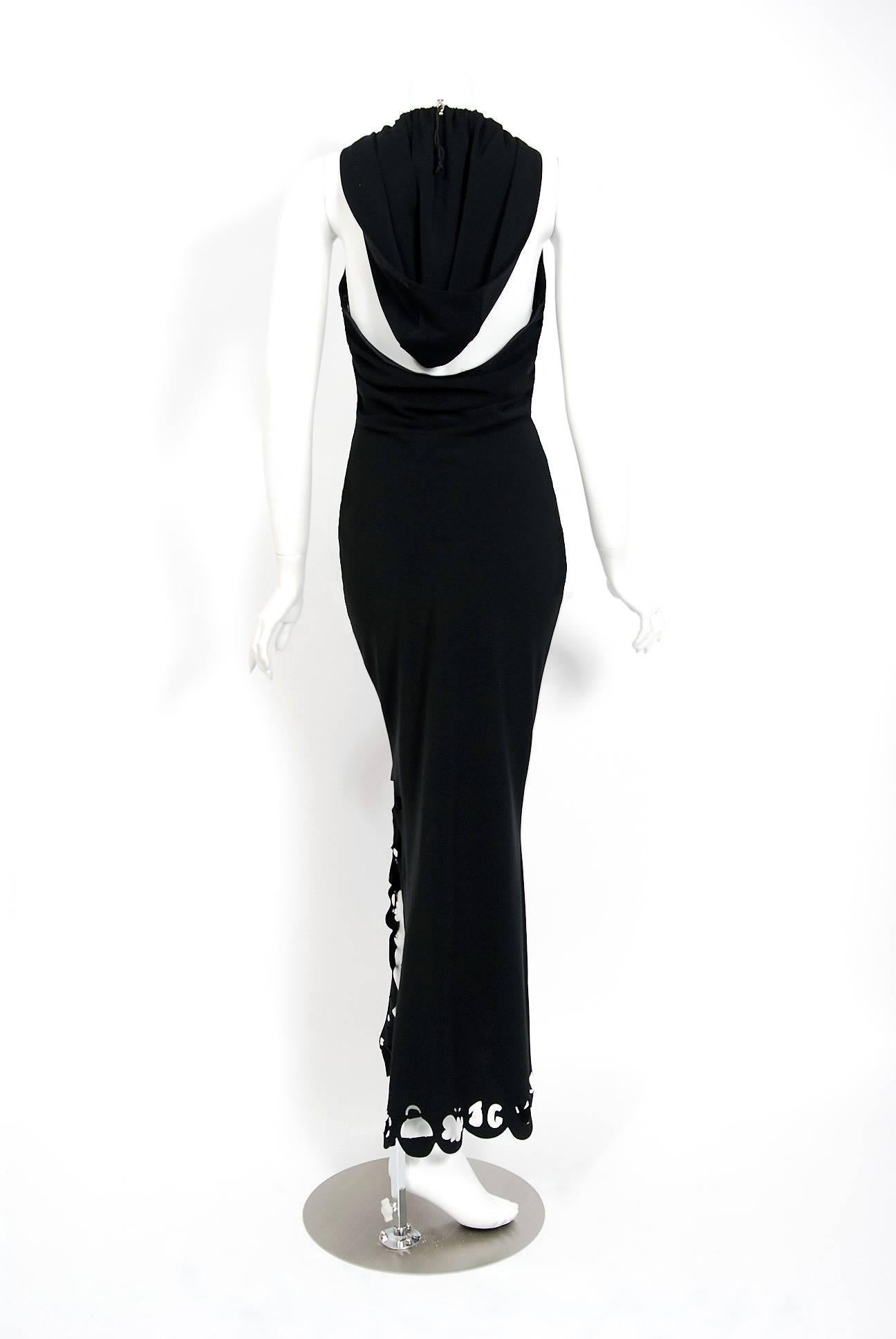 2002 John Galliano Paris Black Silk Cut Out Novelty Hooded Bias-Cut Dress w/Tags 2