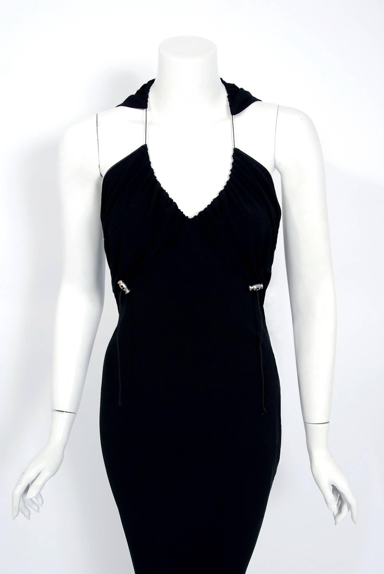 2002 John Galliano Paris Black Silk Cut Out Novelty Hooded Bias-Cut Dress w/Tags In New Condition In Beverly Hills, CA