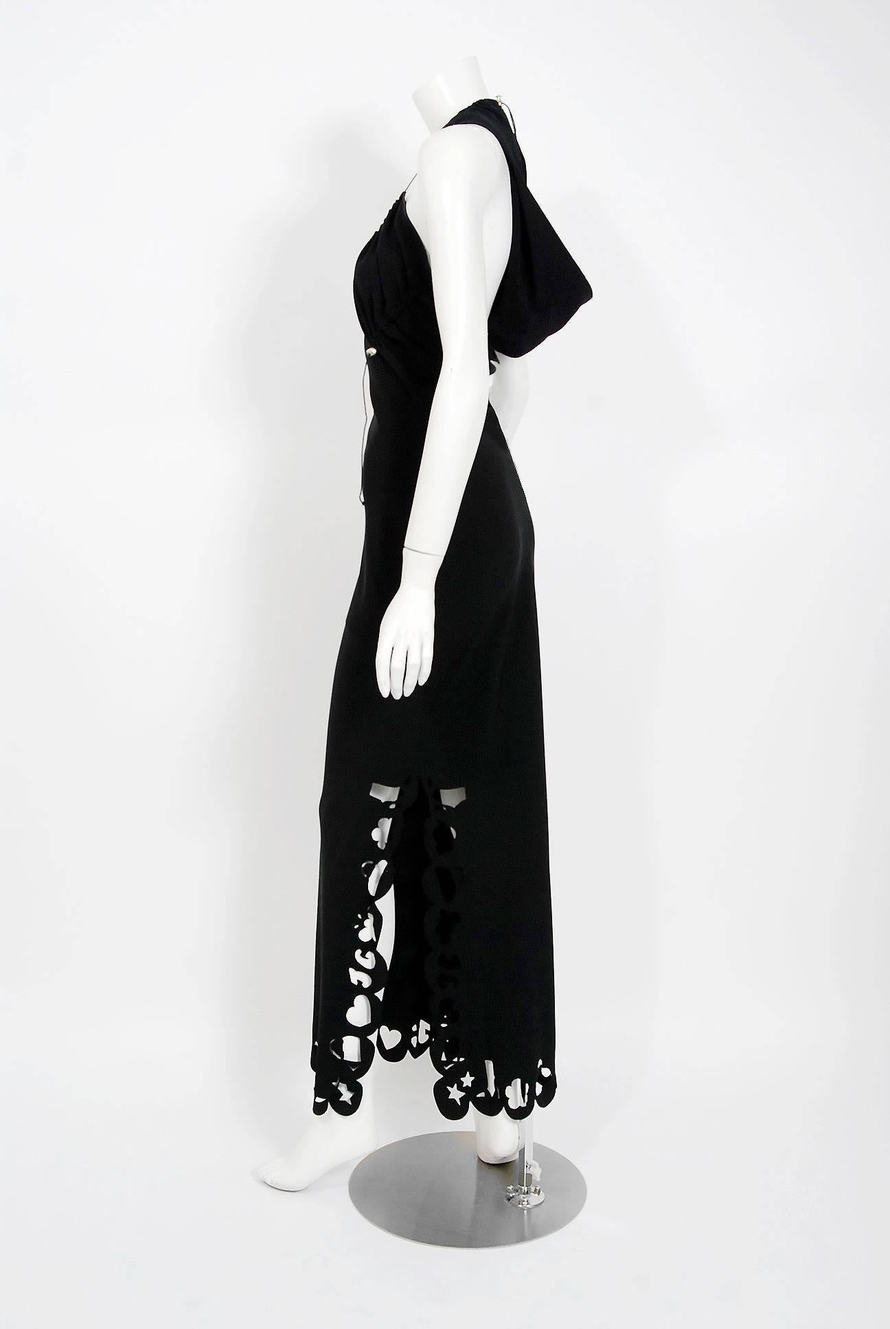 Women's 2002 John Galliano Paris Black Silk Cut Out Novelty Hooded Bias-Cut Dress w/Tags