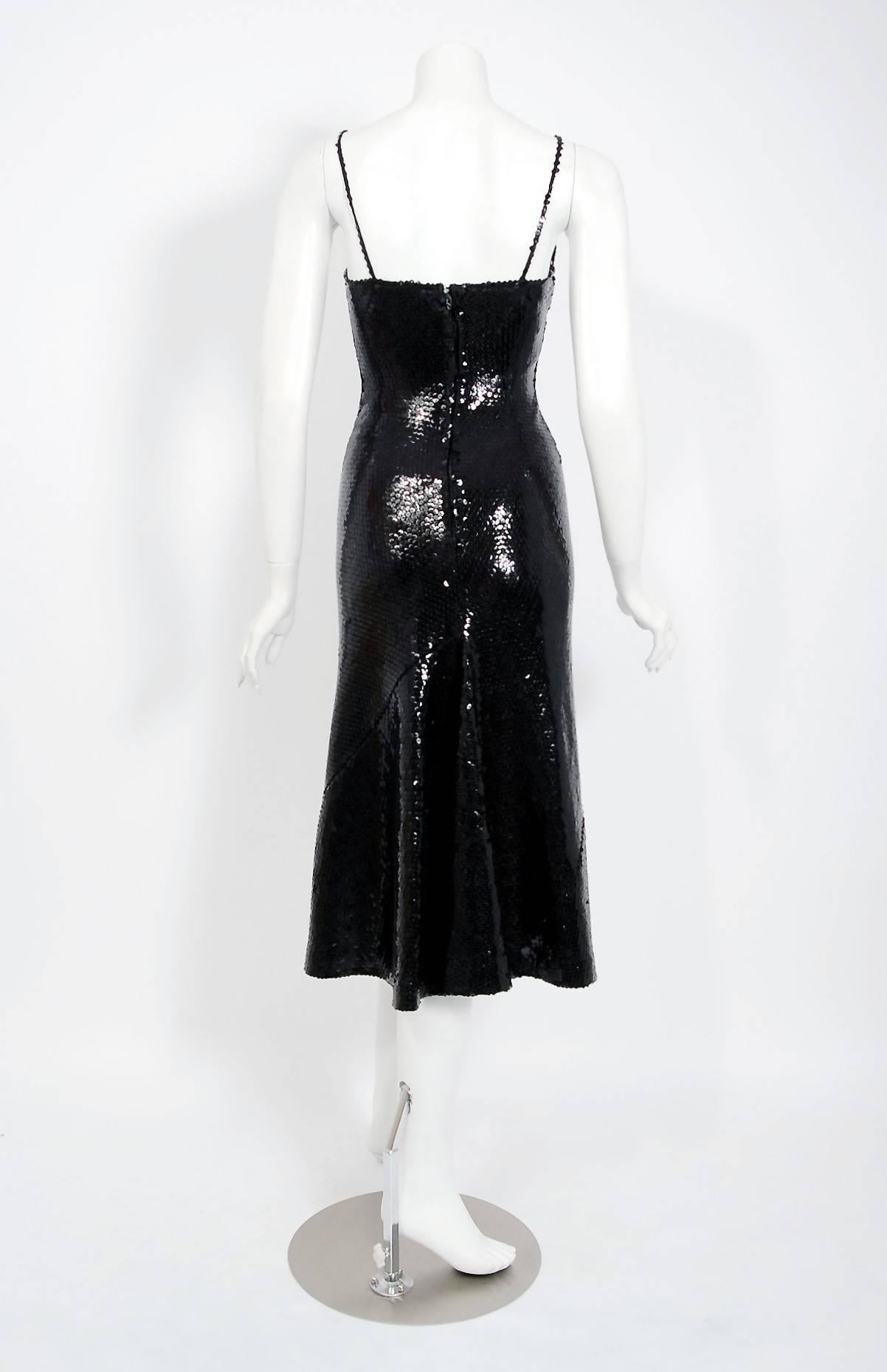 Vintage 1973 Halston Black Sequin Silk Jersey Bias-Cut Hourglass Mermaid Dress 1