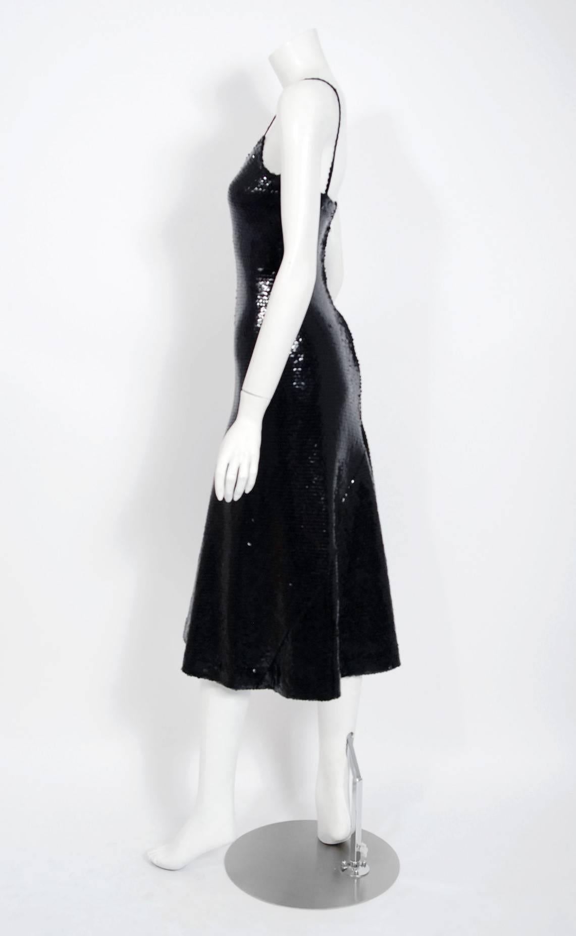 Women's Vintage 1973 Halston Black Sequin Silk Jersey Bias-Cut Hourglass Mermaid Dress