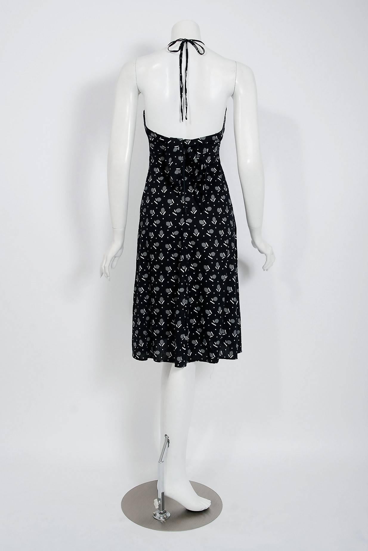 1977 Biba London Black & White Deco Dots Print Cotton Halter Backless Dress  1