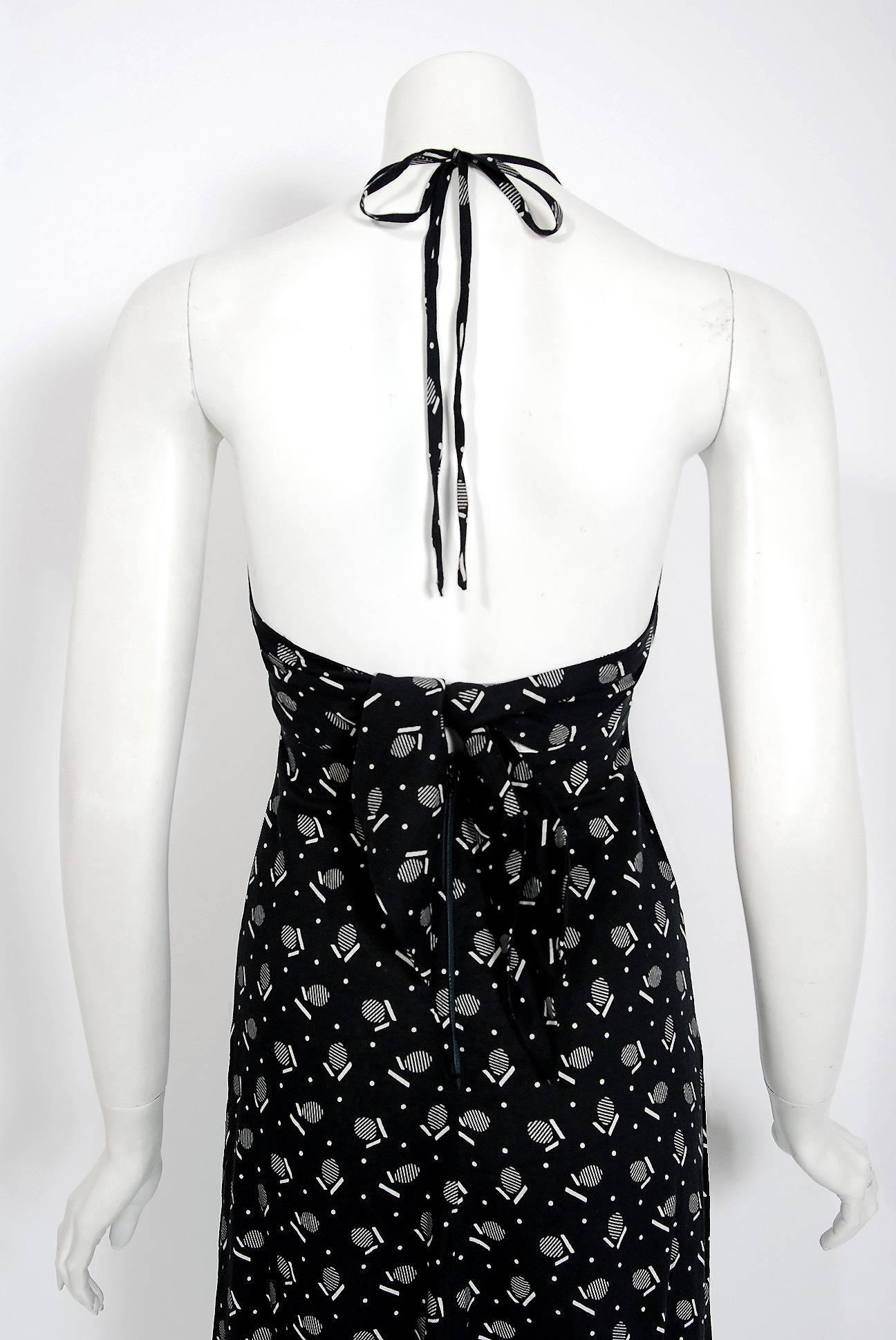 1977 Biba London Black & White Deco Dots Print Cotton Halter Backless Dress  2