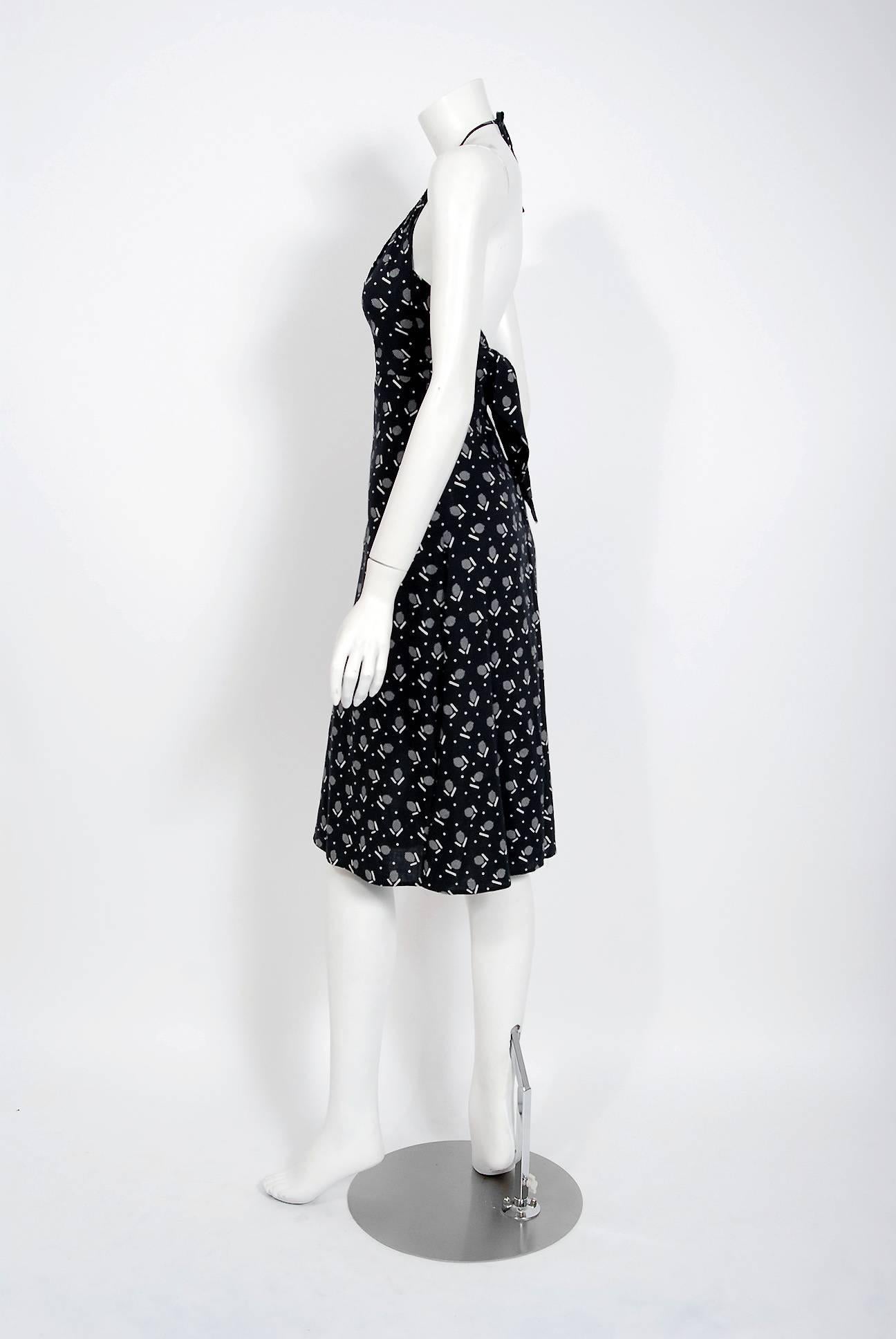 1977 Biba London Black & White Deco Dots Print Cotton Halter Backless Dress  In Excellent Condition In Beverly Hills, CA