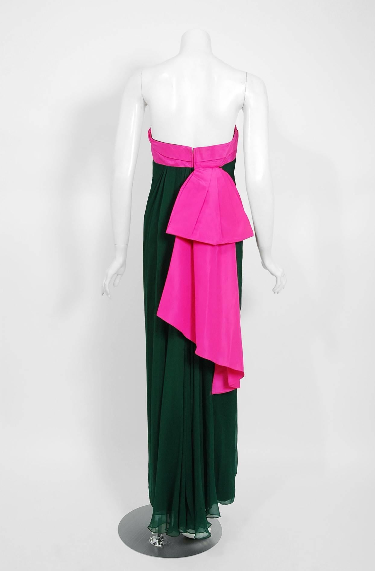 Pink Vintage 1962 Helena Barbieri Couture Magenta Silk & Green Chiffon Strapless Gown