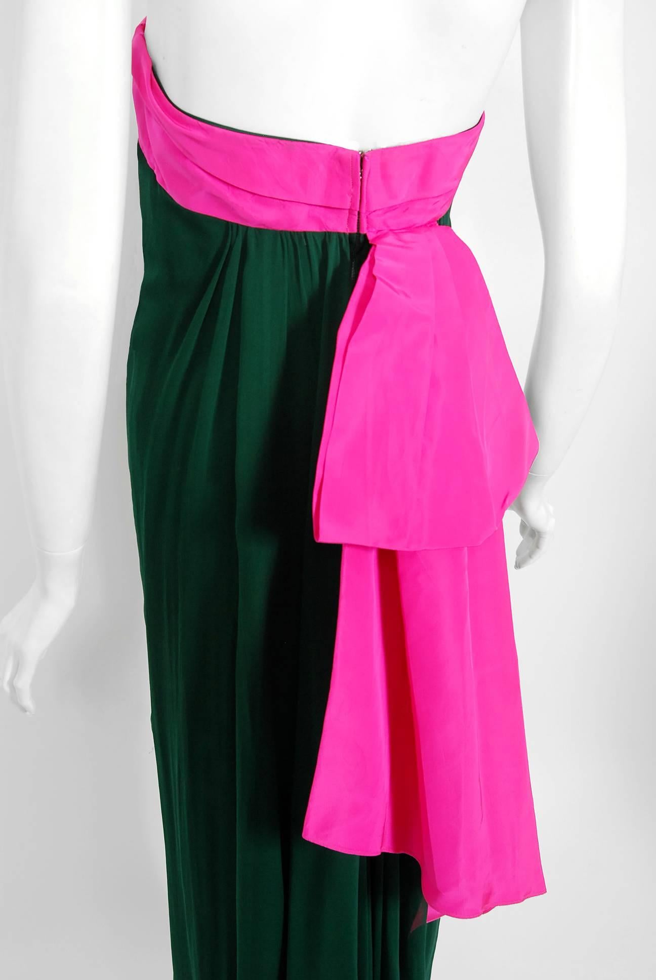 Vintage 1962 Helena Barbieri Couture Magenta Silk & Green Chiffon Strapless Gown In Good Condition In Beverly Hills, CA