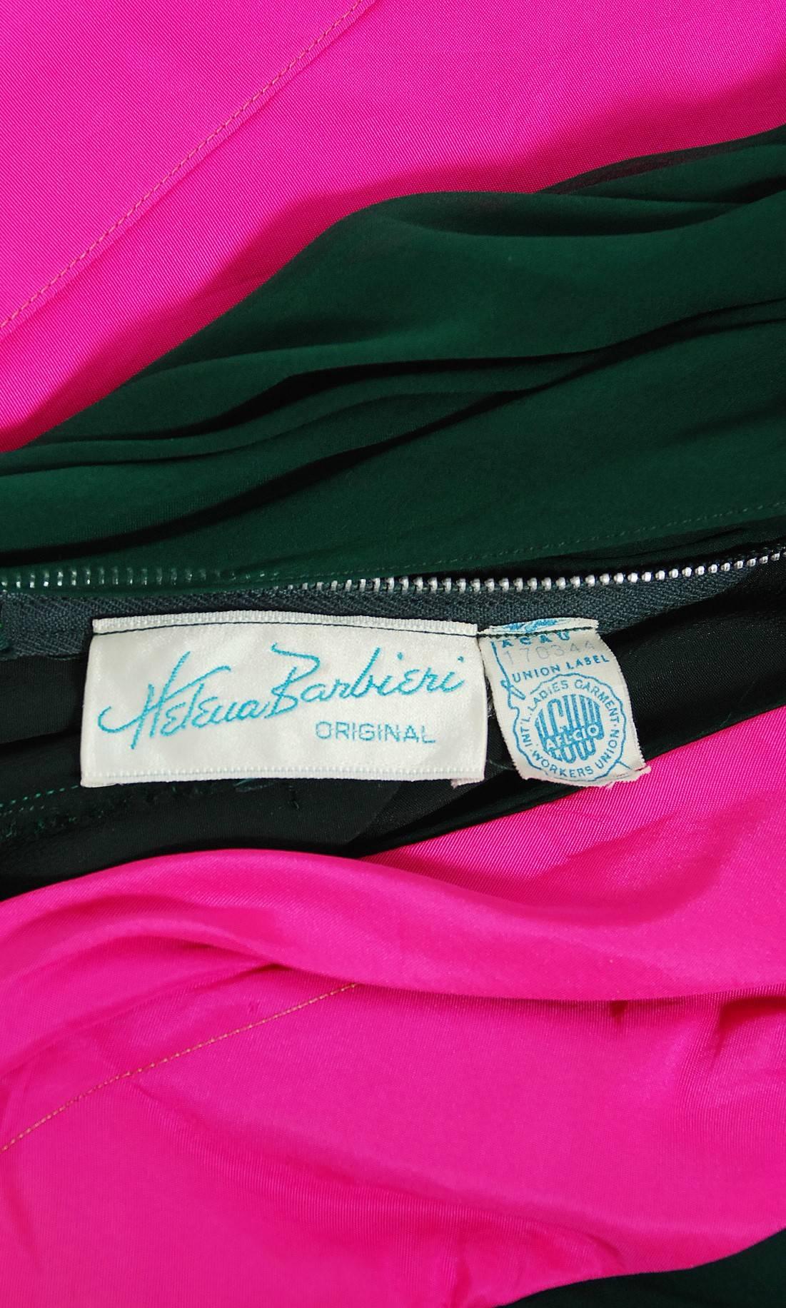 Women's Vintage 1962 Helena Barbieri Couture Magenta Silk & Green Chiffon Strapless Gown