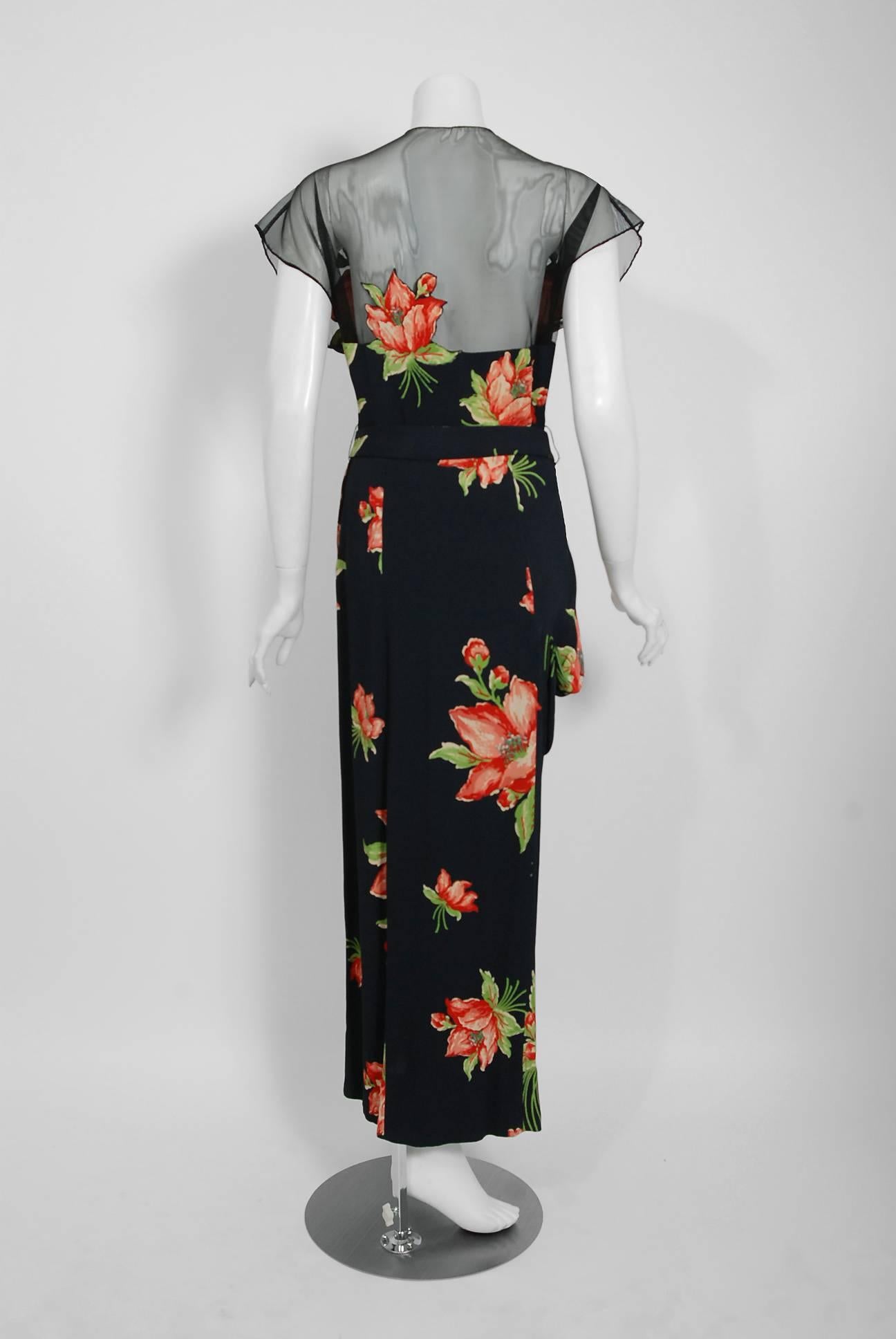 1940's Red Lilies Floral Print Silk Sheer Illusion Applique Draped Swag Gown 1