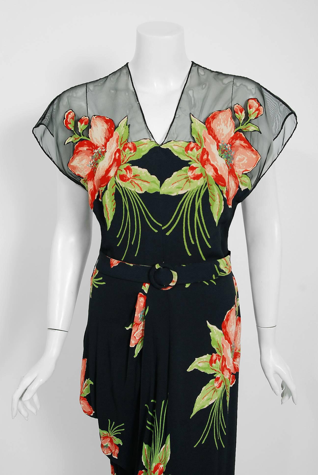 An amazing and highly stylized 1940's floral mid-weight silk gown by the 