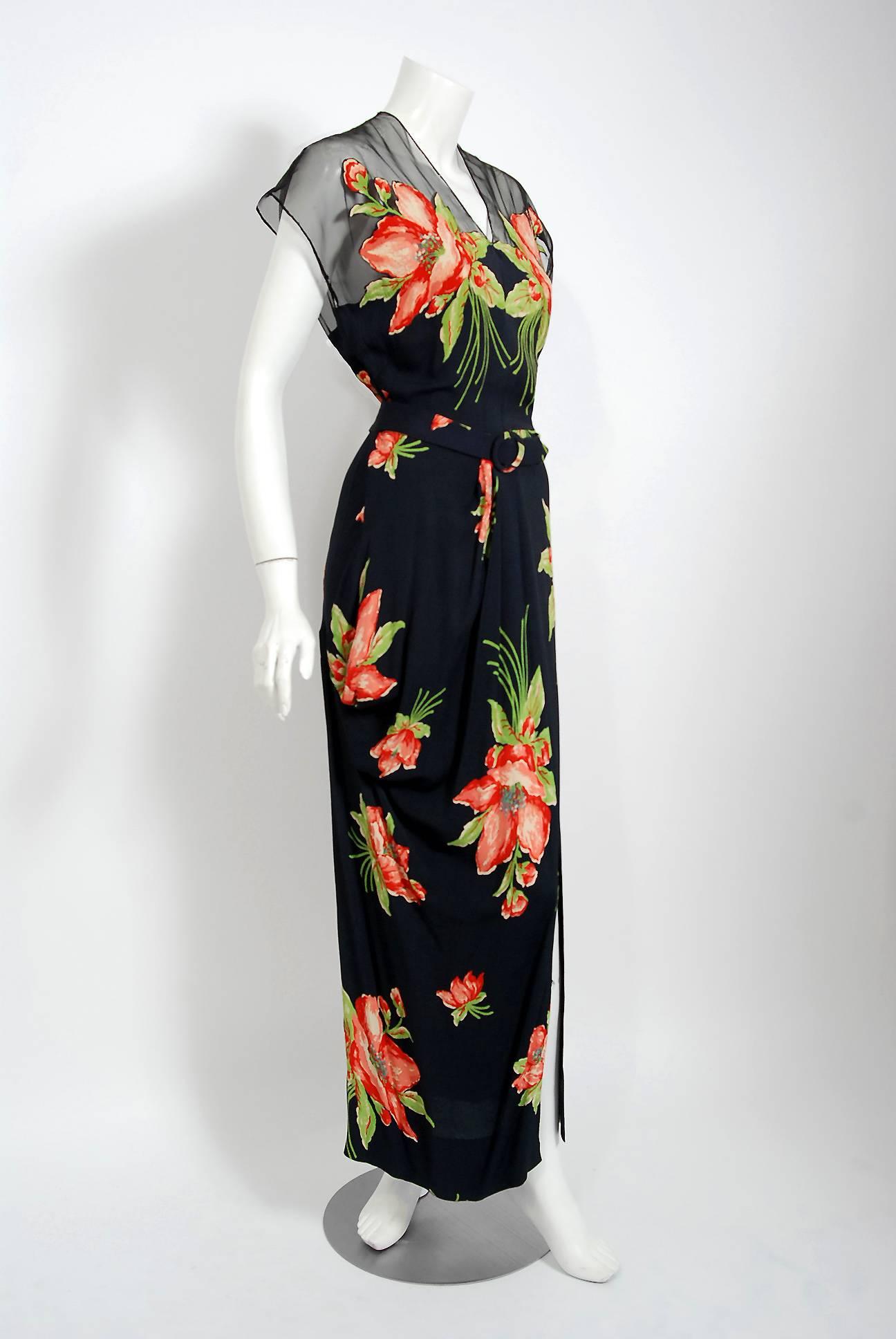 Black 1940's Red Lilies Floral Print Silk Sheer Illusion Applique Draped Swag Gown