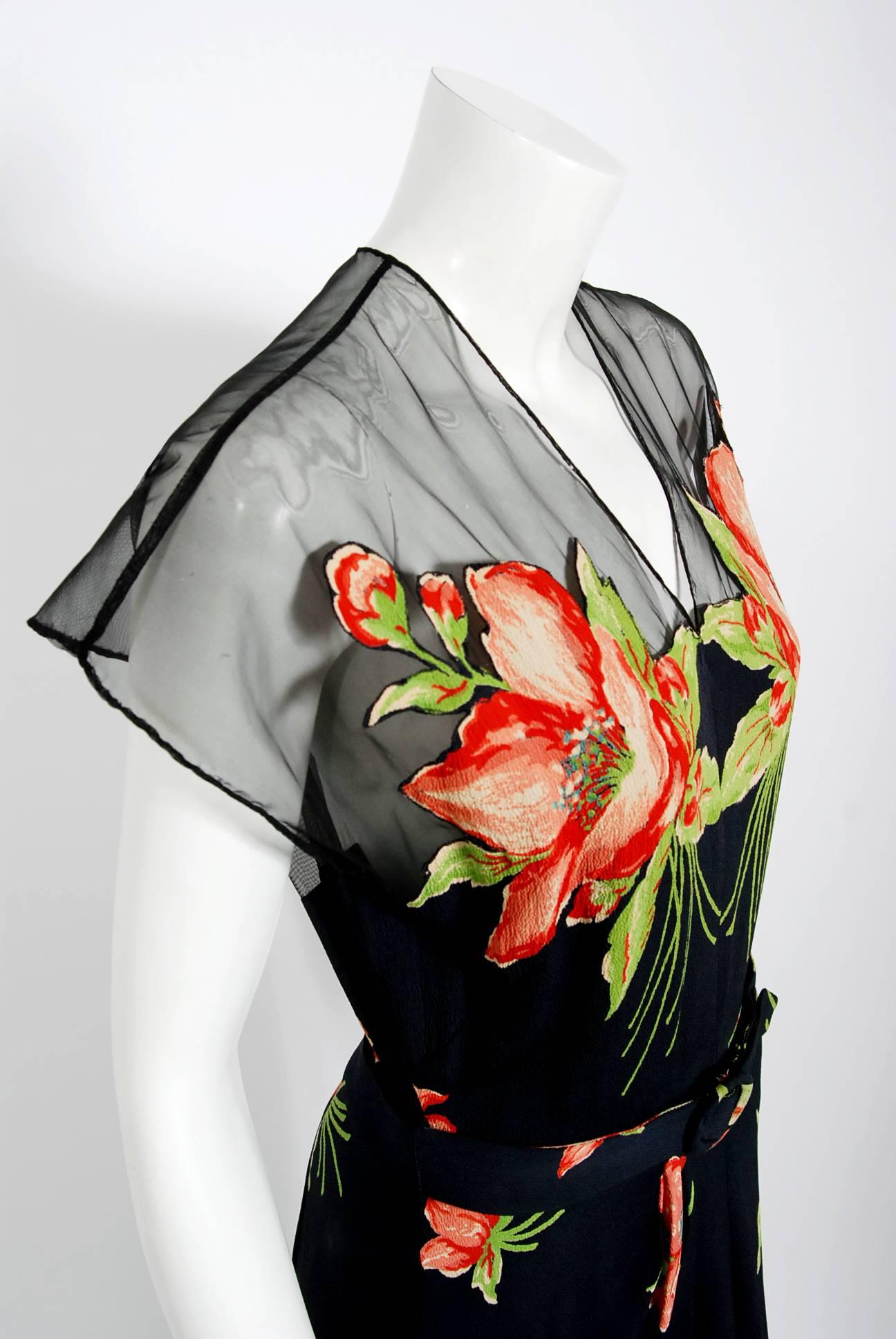 1940's Red Lilies Floral Print Silk Sheer Illusion Applique Draped Swag Gown In Good Condition In Beverly Hills, CA