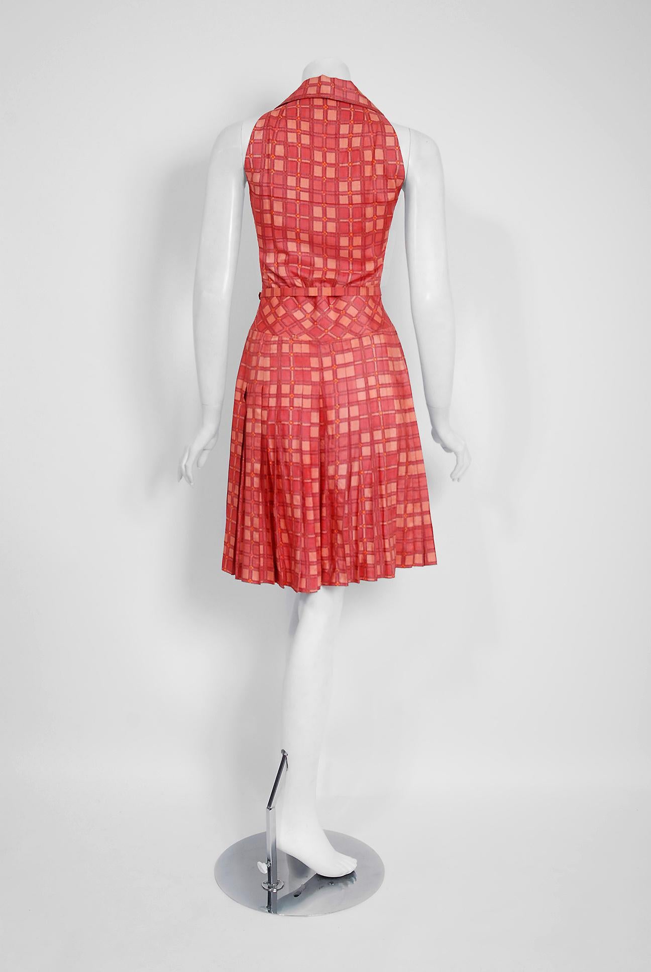 Women's 1973 Christian Dior Demi-Couture Pink Deco Print Cotton Pleated Sun Dress 