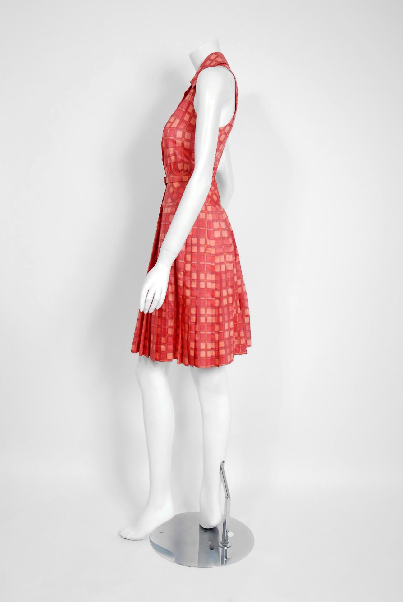 1973 Christian Dior Demi-Couture Pink Deco Print Cotton Pleated Sun Dress  In Excellent Condition In Beverly Hills, CA