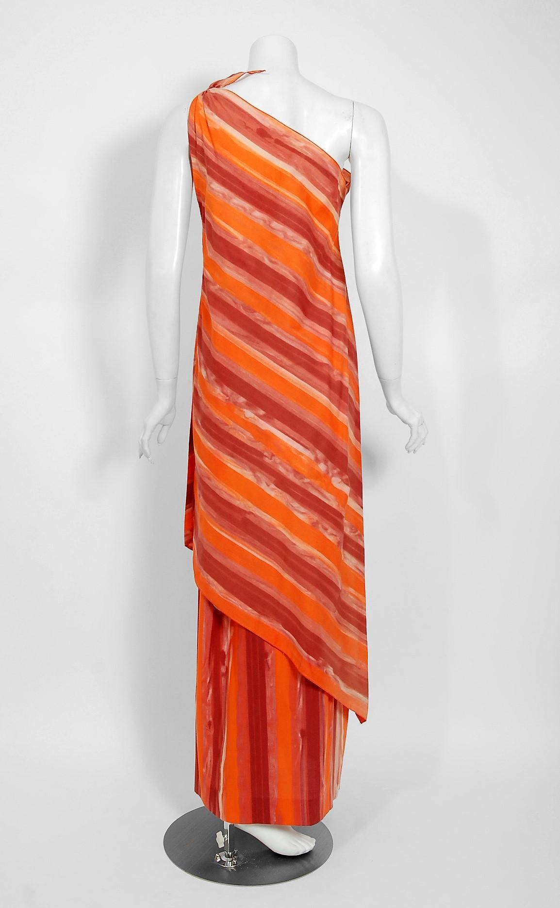 Vintage 1970's Paco Rabanne Striped Cotton One-Shoulder Asymmetric Dress Set 1