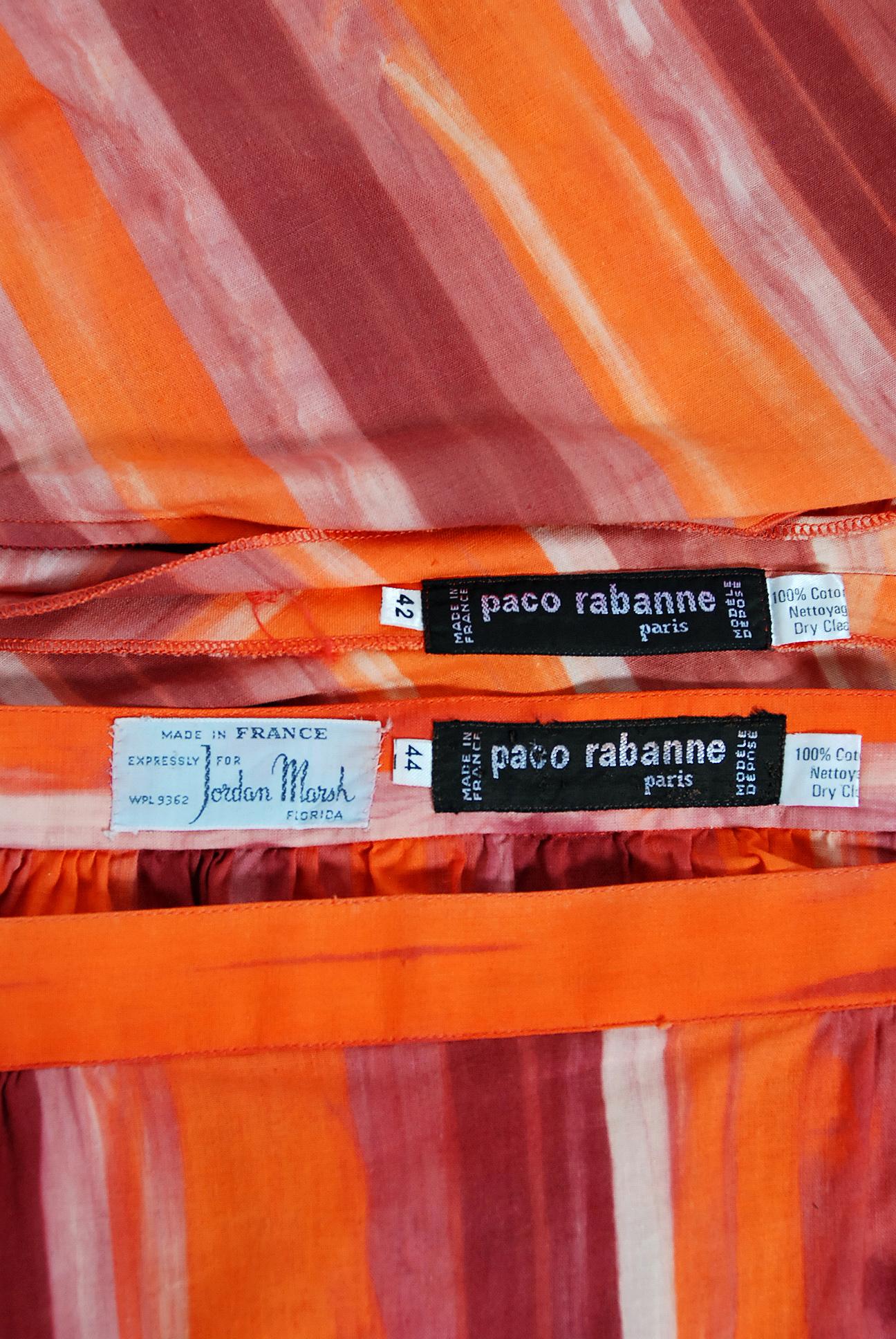 Vintage 1970's Paco Rabanne Striped Cotton One-Shoulder Asymmetric Dress Set 2