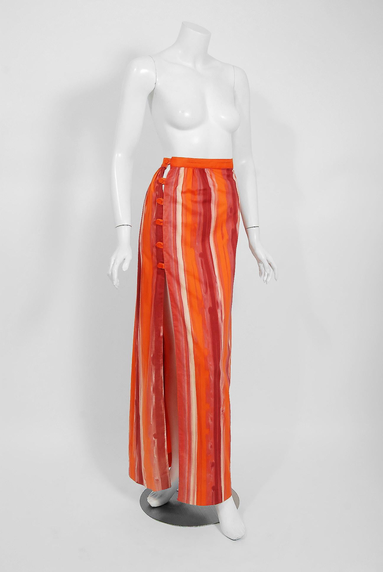 Orange Vintage 1970's Paco Rabanne Striped Cotton One-Shoulder Asymmetric Dress Set