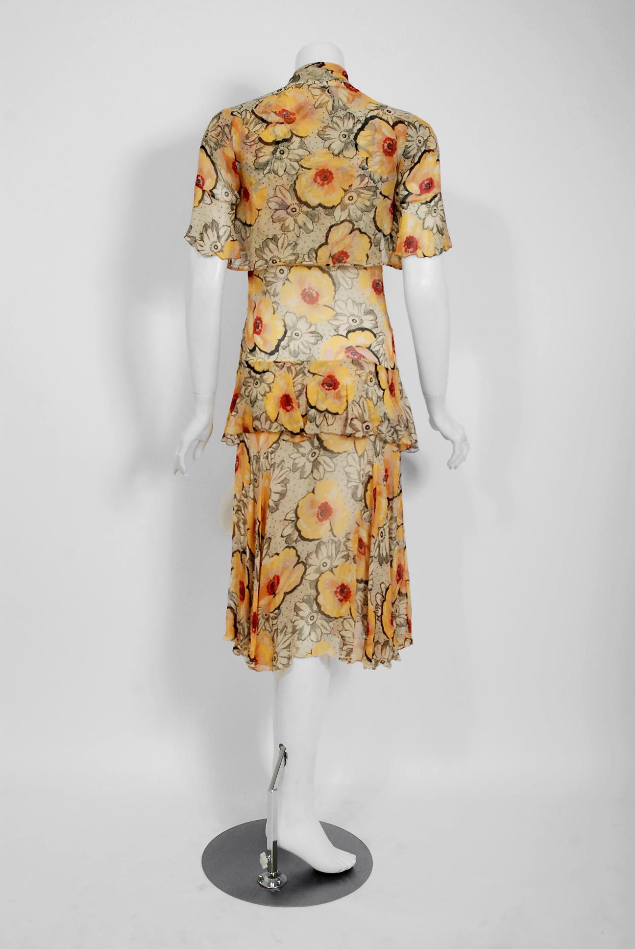 1930's Marigold Poppies Floral Print Crepe Chiffon Flutter Peplum Dress & Bolero 3