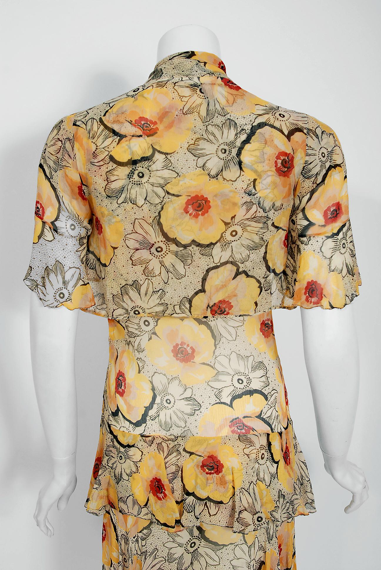 1930's Marigold Poppies Floral Print Crepe Chiffon Flutter Peplum Dress & Bolero 4
