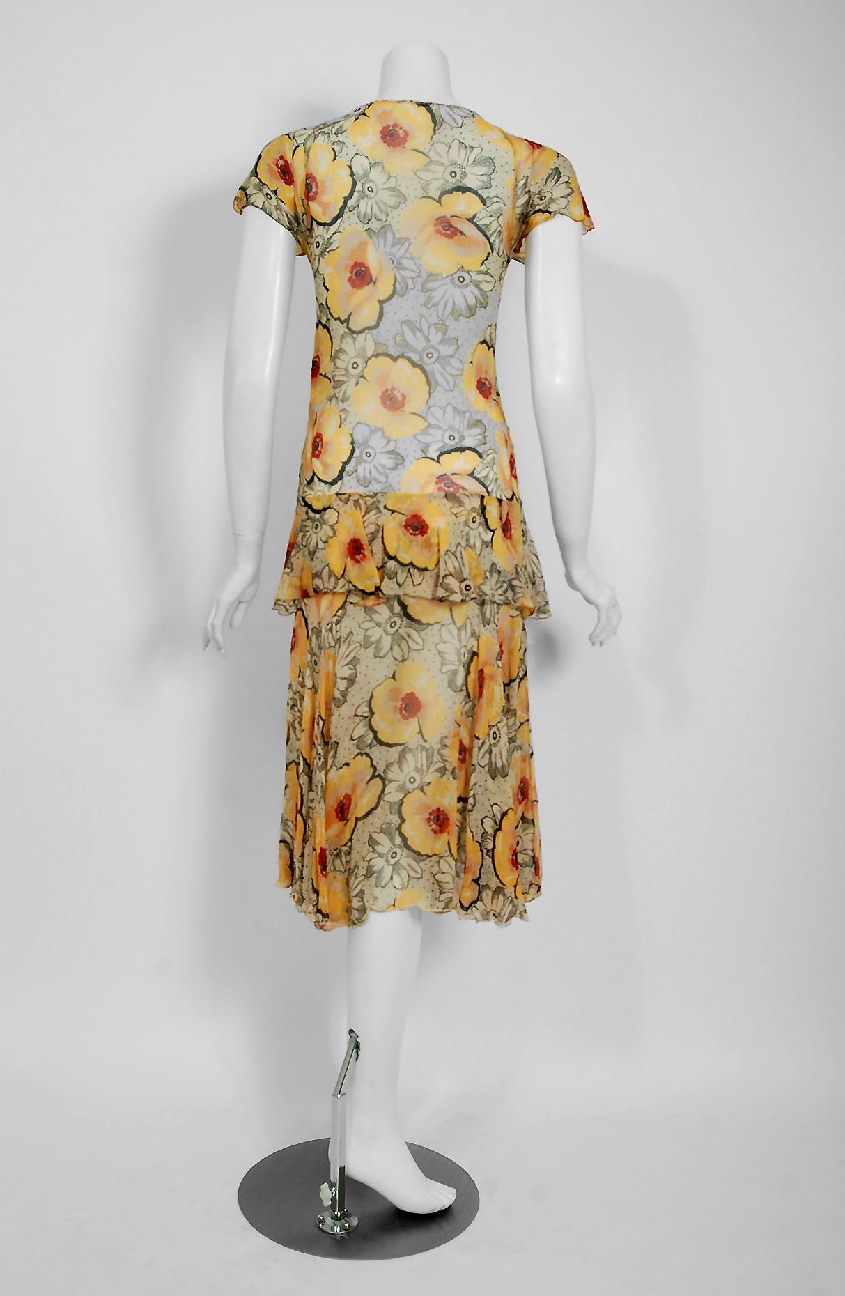 Women's 1930's Marigold Poppies Floral Print Crepe Chiffon Flutter Peplum Dress & Bolero