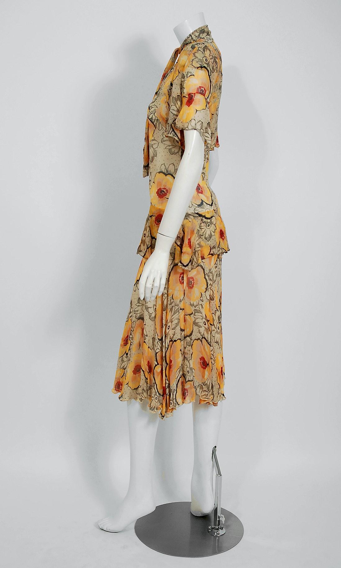 1930's Marigold Poppies Floral Print Crepe Chiffon Flutter Peplum Dress & Bolero 2