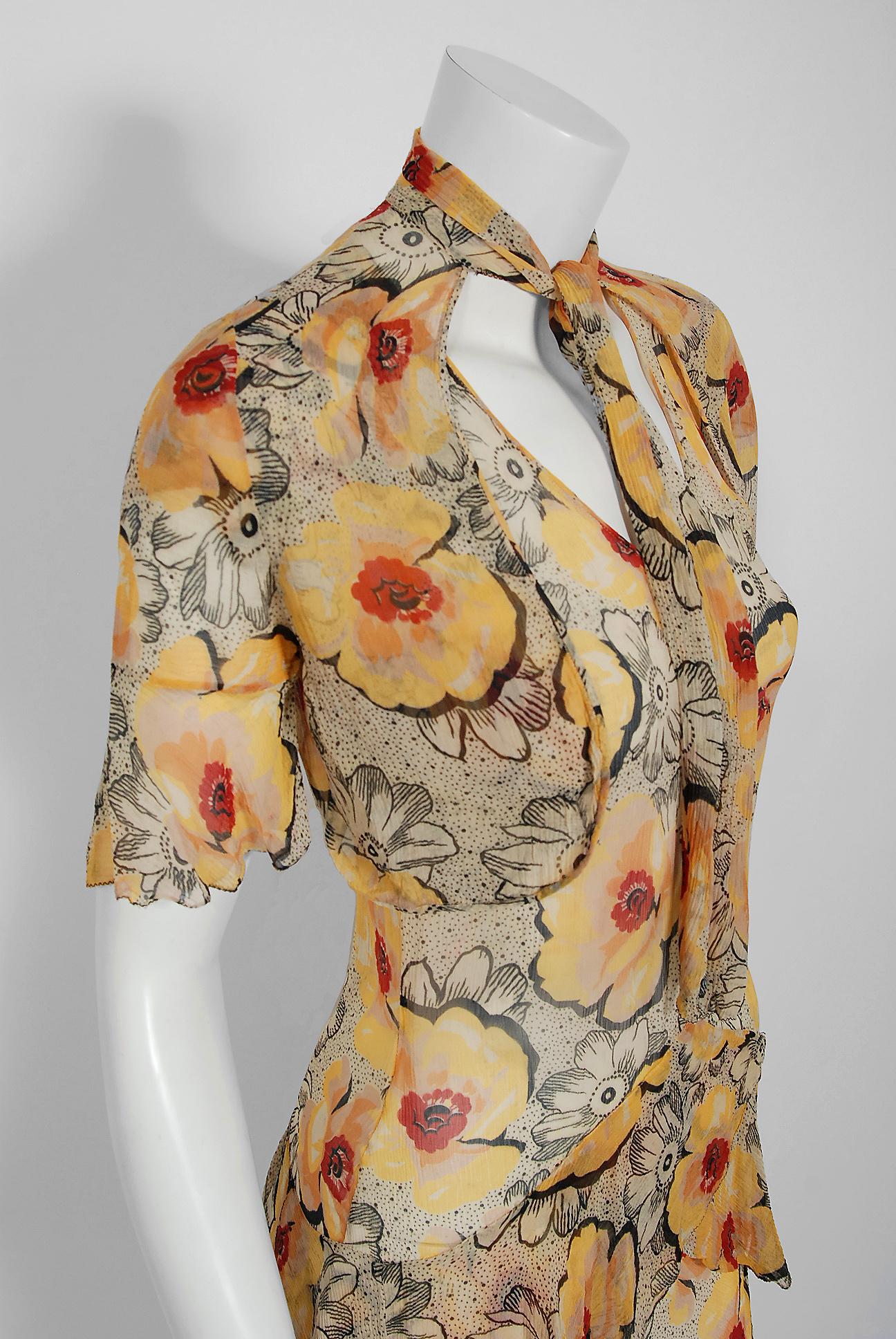 Brown 1930's Marigold Poppies Floral Print Crepe Chiffon Flutter Peplum Dress & Bolero