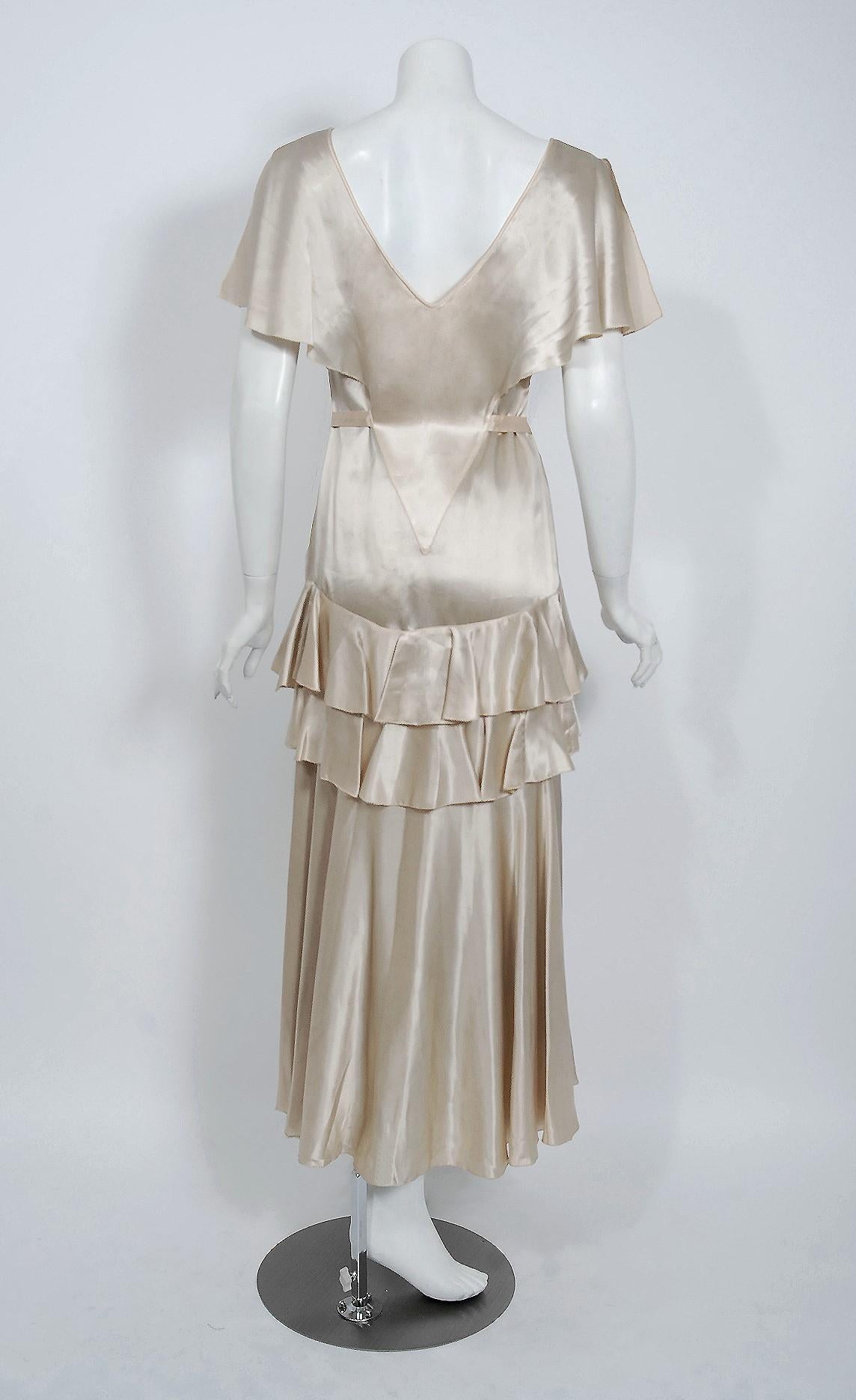 1930's Ivory Creme Satin Flutter Sleeve Plunge Belted Bias-Cut Tiered Deco Gown  3