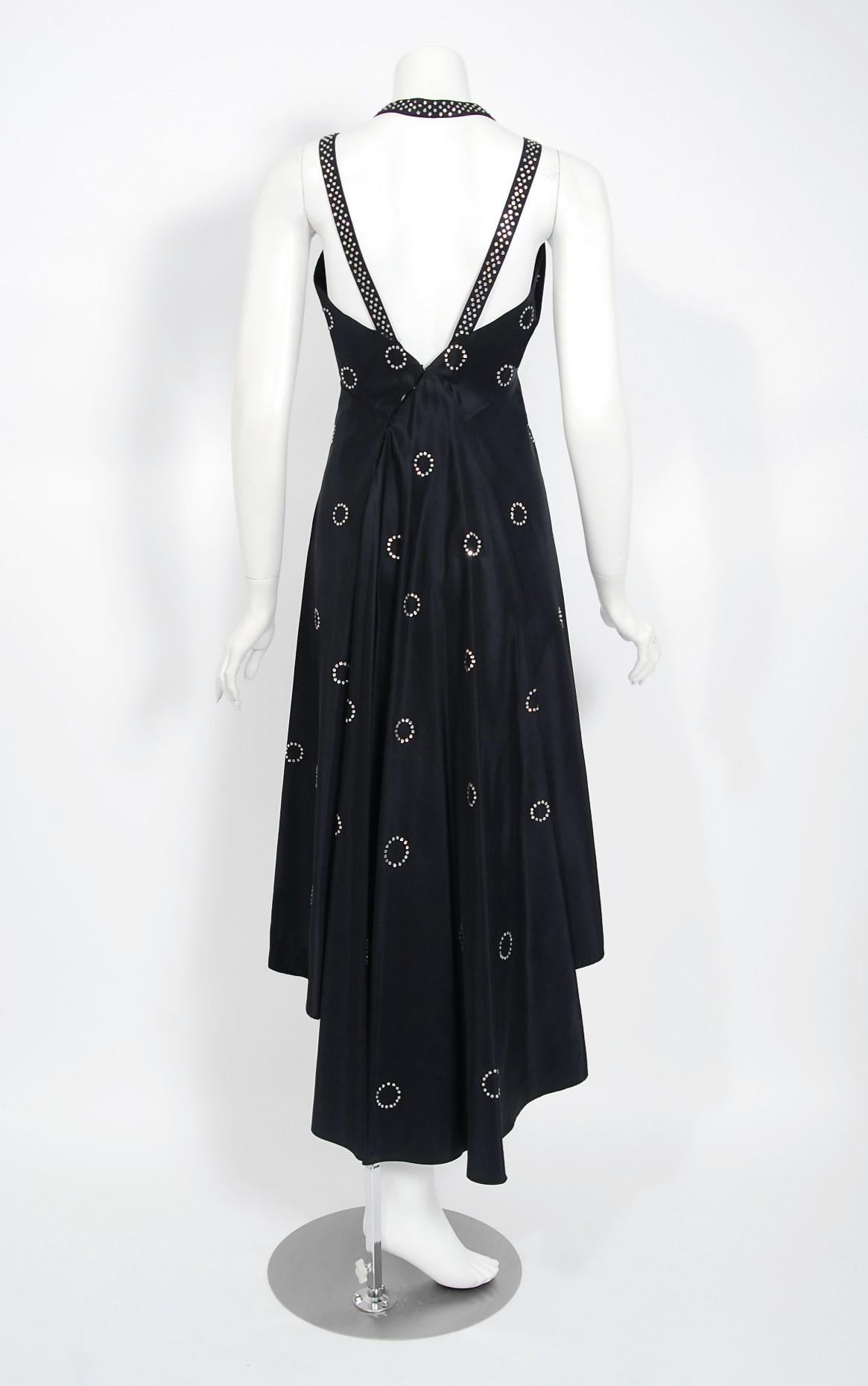 1930's Rhinestone Studded Deco Circles Black Silk Bias-Cut Waterfall Train Dress For Sale 2