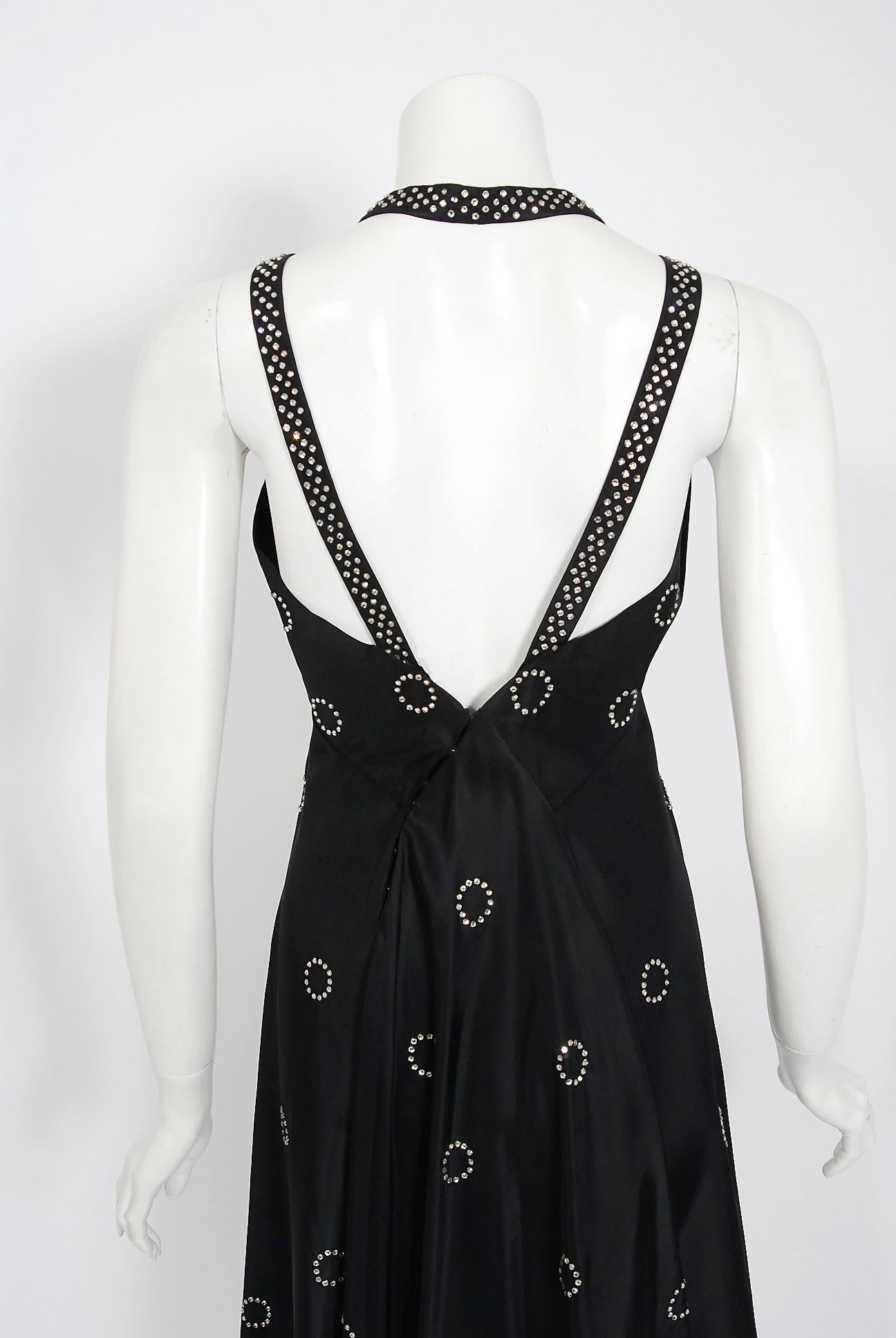 1930's Rhinestone Studded Deco Circles Black Silk Bias-Cut Waterfall Train Dress For Sale 3