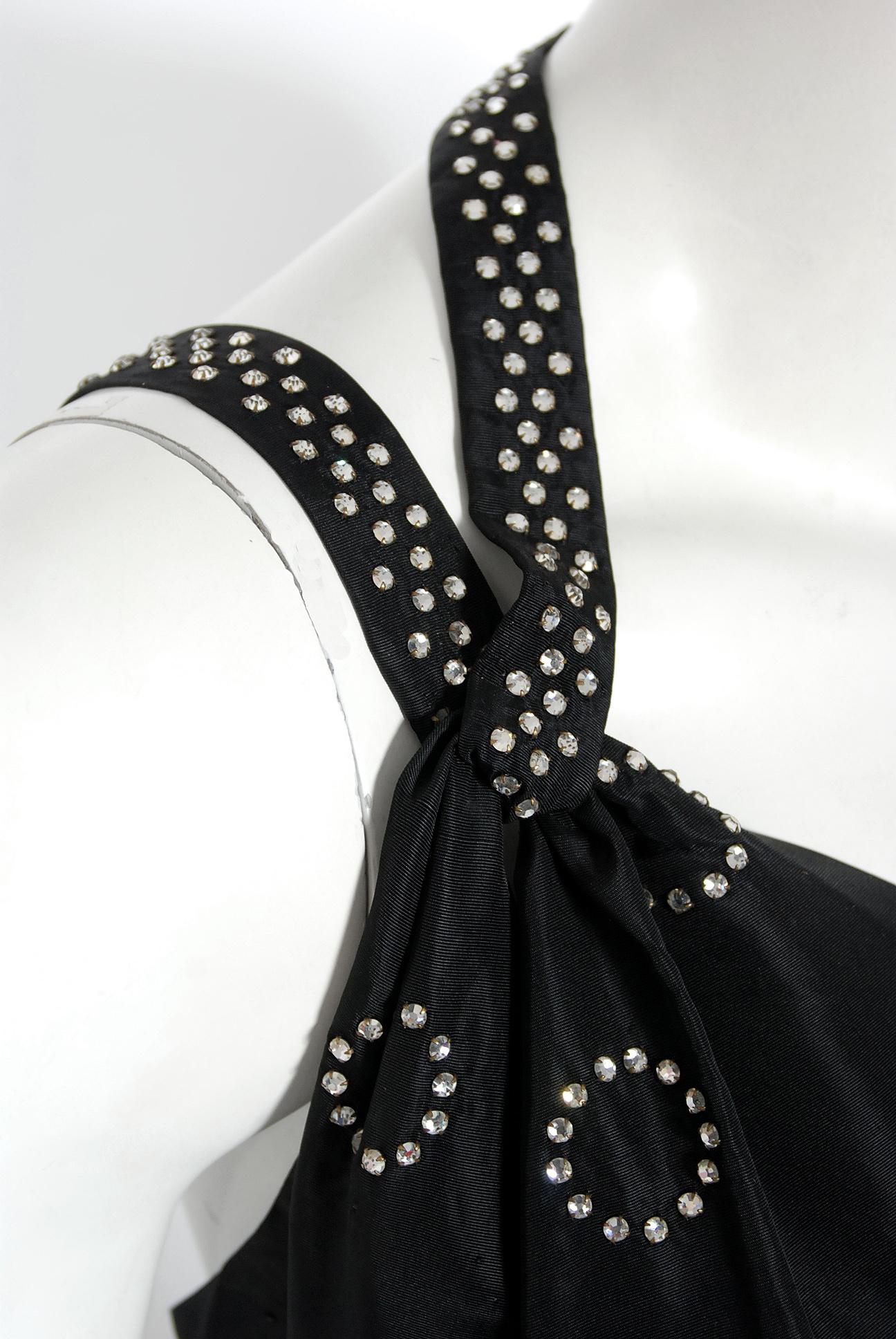 Women's 1930's Rhinestone Studded Deco Circles Black Silk Bias-Cut Waterfall Train Dress For Sale