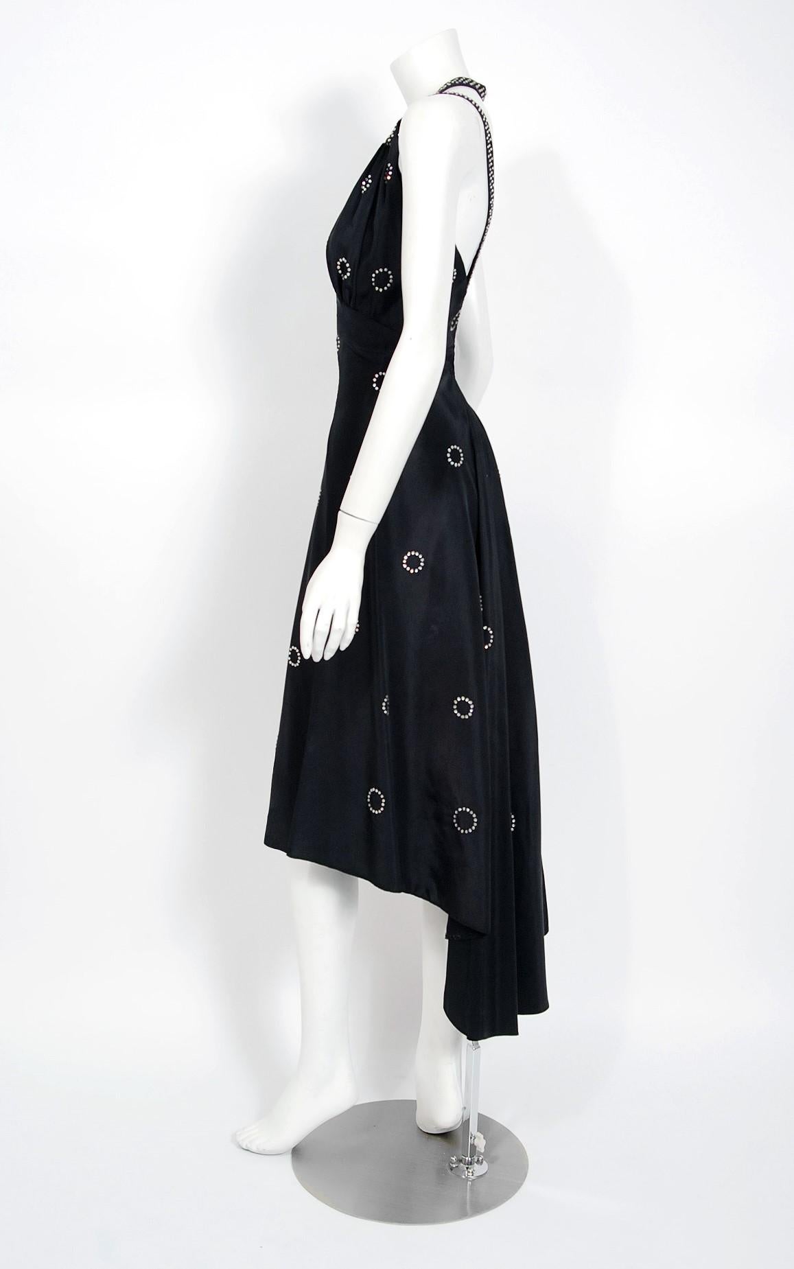 1930's Rhinestone Studded Deco Circles Black Silk Bias-Cut Waterfall Train Dress For Sale 1