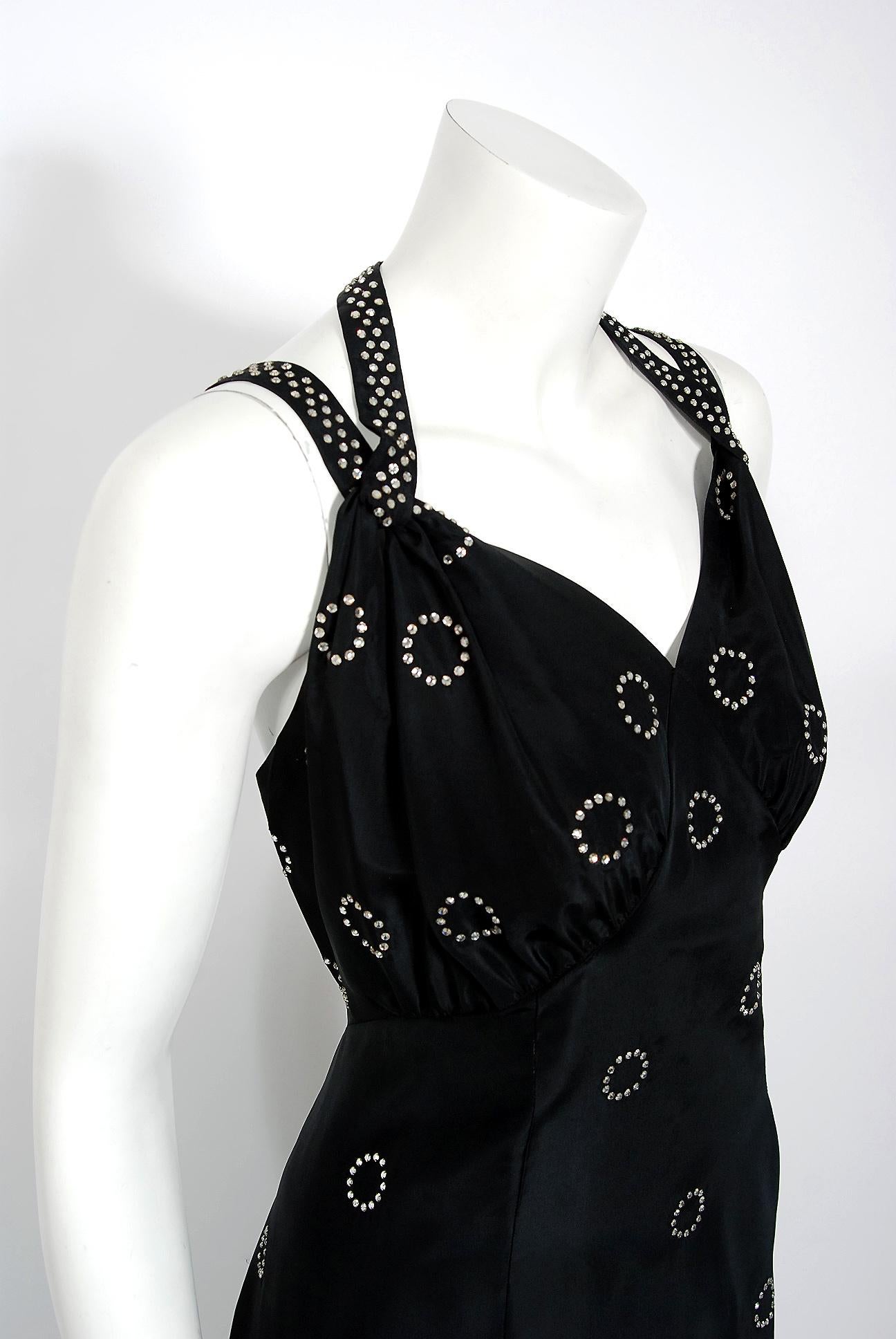 1930's Rhinestone Studded Deco Circles Black Silk Bias-Cut Waterfall Train Dress In Good Condition For Sale In Beverly Hills, CA