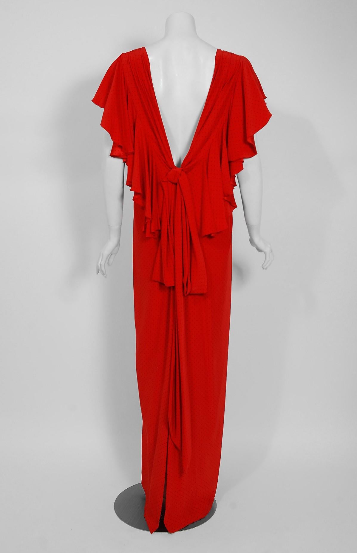 Vintage 1979 Yves Saint Laurent Haute-Couture Red Dotted Silk Backless Gown 1