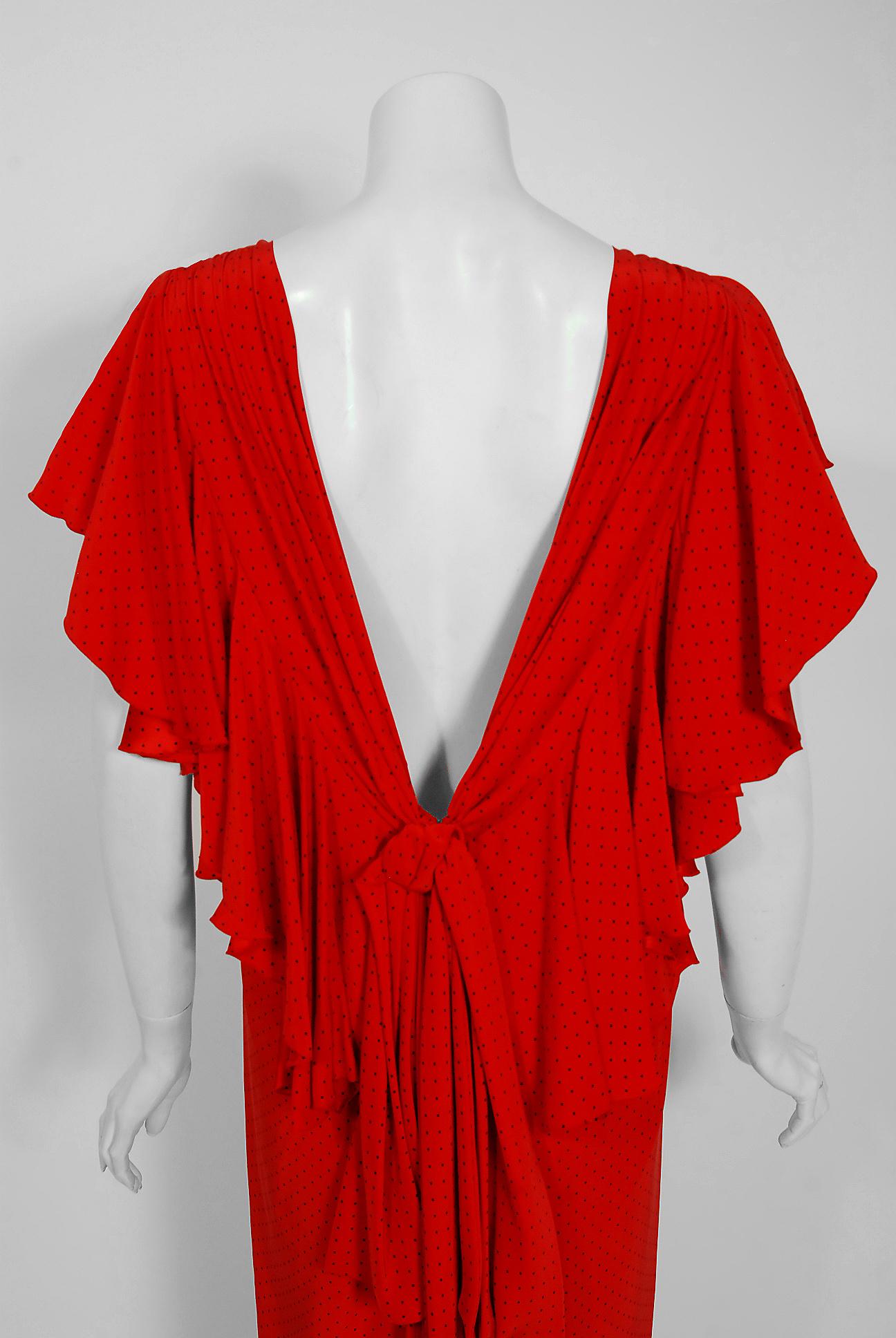 Vintage 1979 Yves Saint Laurent Haute-Couture Red Dotted Silk Backless Gown 2