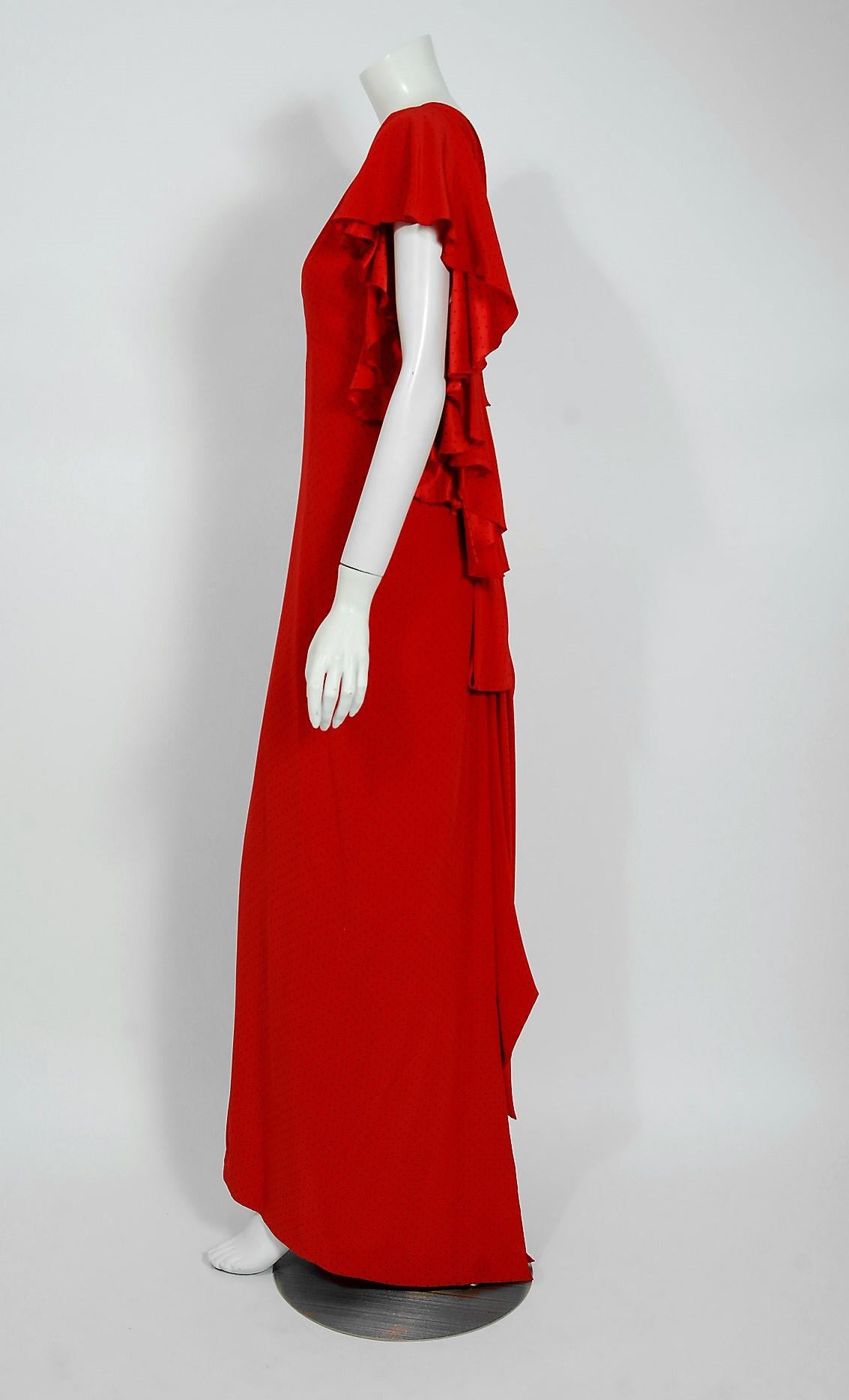 Women's Vintage 1979 Yves Saint Laurent Haute-Couture Red Dotted Silk Backless Gown