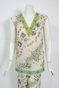 1968 Emilio Pucci Ivory Floral Print Silk Sleeveless Blouse and Pants Ensemble