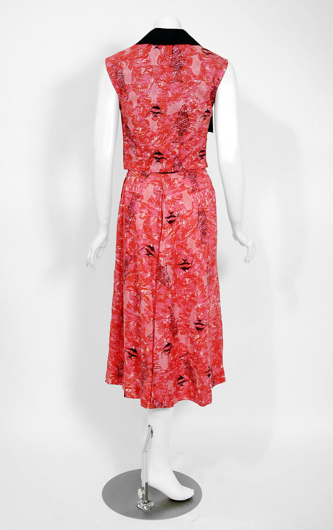Vintage 1950's Novelty Fish Print Black and Pink Cotton Halter Dress with Bolero 1