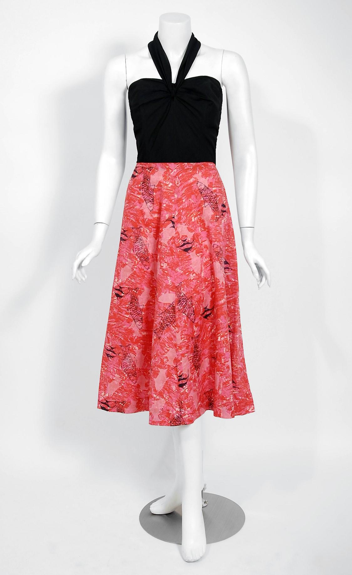 Orange Vintage 1950's Novelty Fish Print Black and Pink Cotton Halter Dress with Bolero