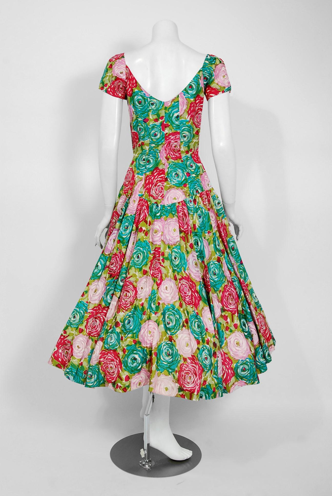 Women's Perullo Watercolor Roses Floral Print Silk Pleated Circle Skirt Dress, 1950s 