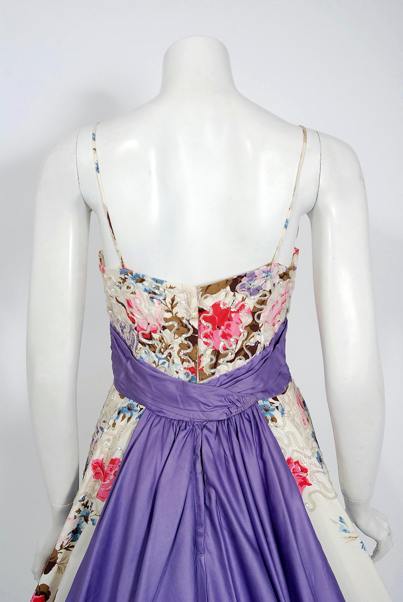 Women's 1950's Emma Domb Rose Garden Floral Print Sequin Cotton Full-Skirt Dress