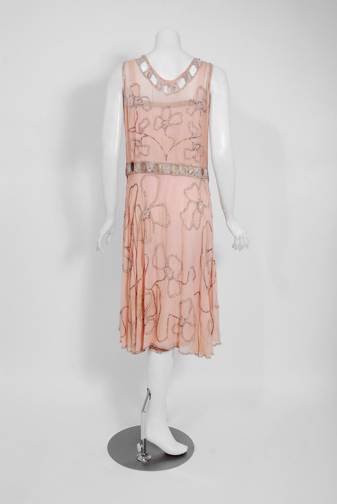 Vintage 1920's Couture Pink Floral Beaded Silk Metallic Gold Lamé Flapper Dress 2