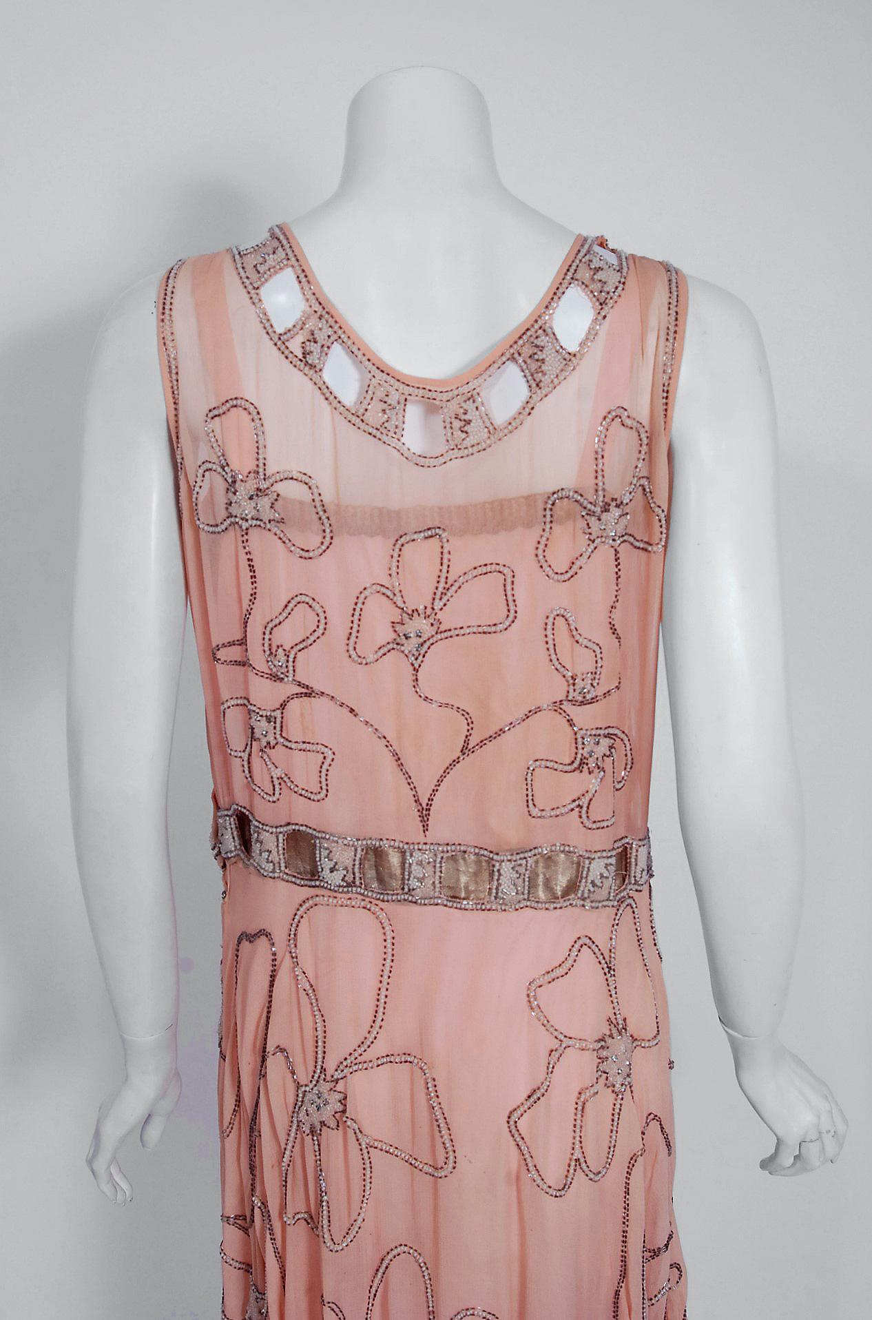 Vintage 1920's Couture Pink Floral Beaded Silk Metallic Gold Lamé Flapper Dress 3