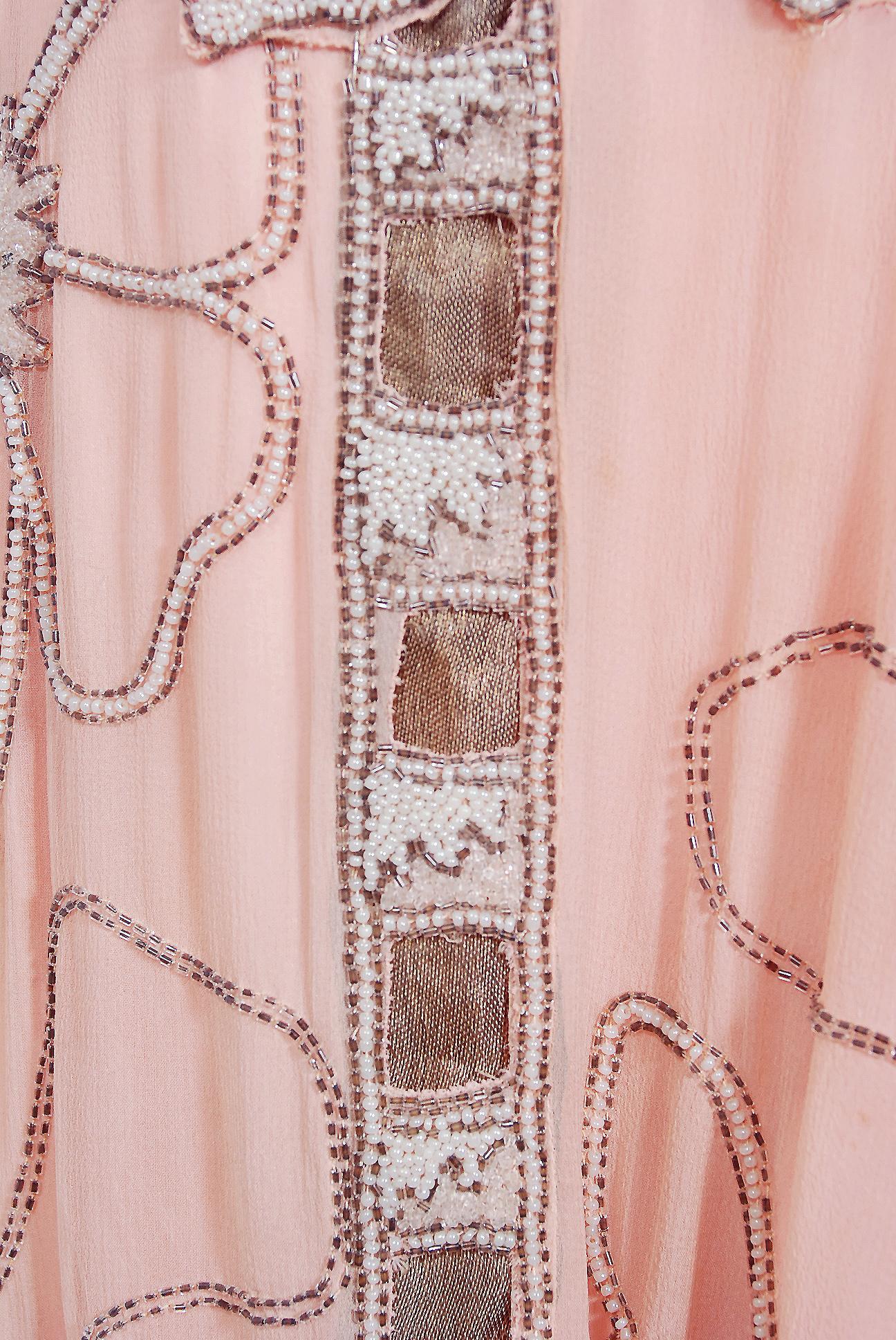Women's Vintage 1920's Couture Pink Floral Beaded Silk Metallic Gold Lamé Flapper Dress