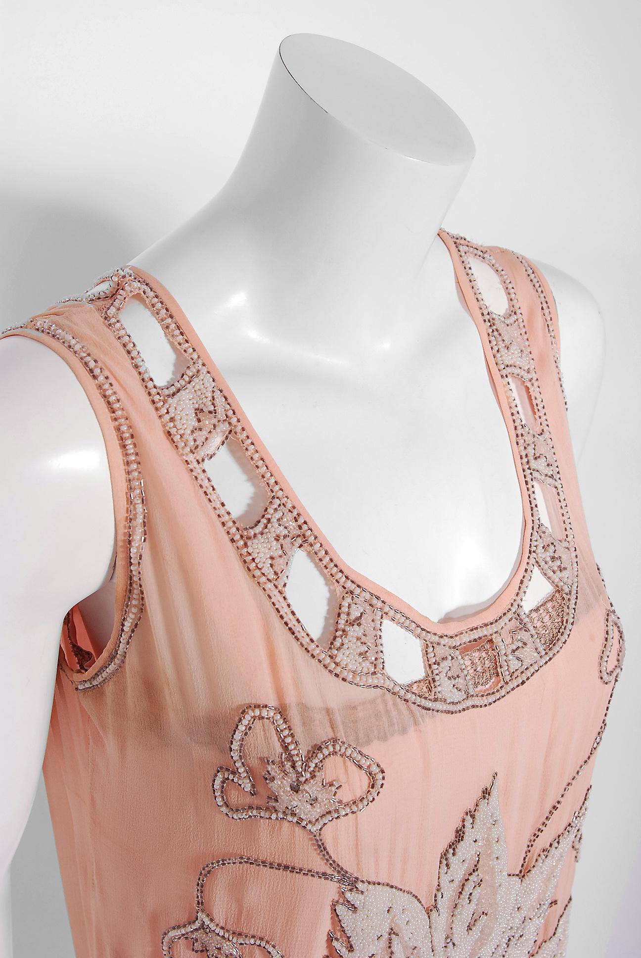 Beige Vintage 1920's Couture Pink Floral Beaded Silk Metallic Gold Lamé Flapper Dress